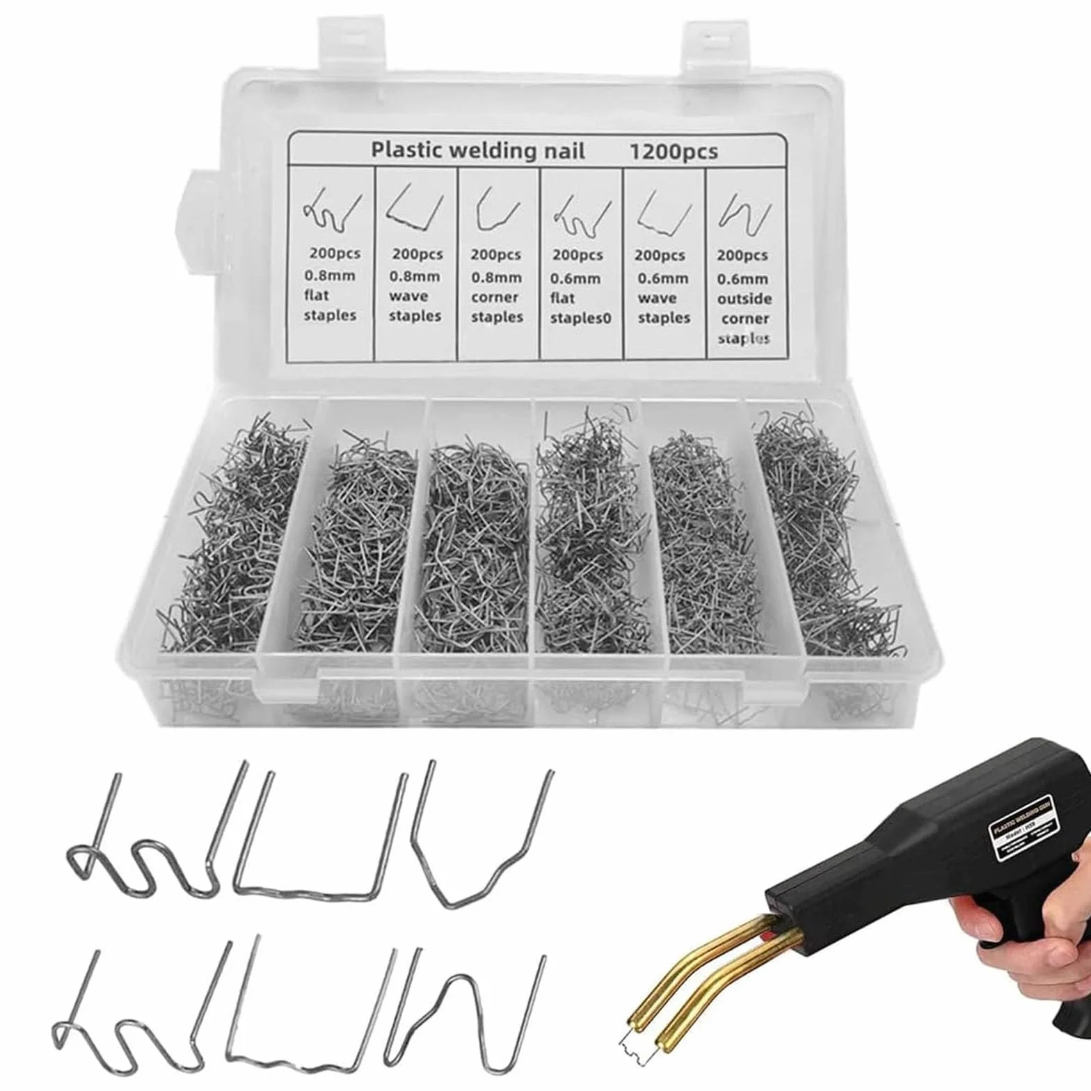 1200 sztuk zgrzewarek ze stali nierdzewnej, plastikowe zszywki, 0,8 mm / 0,6 mm, akcesoria spawalnicze, zestaw naprawczy zderzaka, do naprawy samochodu, spawania tworzywa sztucznego