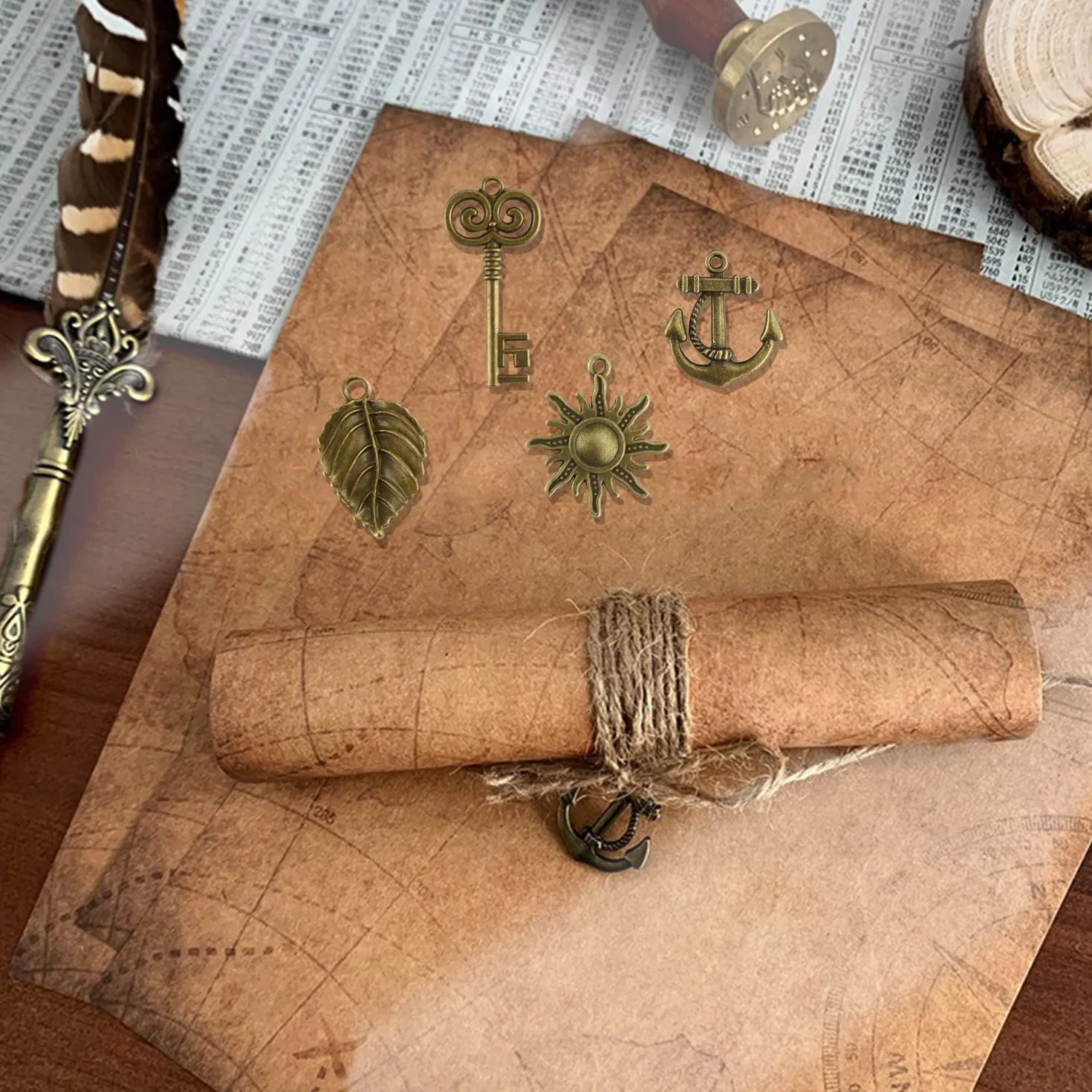Koperty w stylu antycznym z kopertą, zestaw do pisania w stylu vintage, 24 arkusze, papier listowy, 12 kopert, 12 kluczy retro, 12 lin konopnych, 2 arkusze naklejek uszczelniających w stylu vintage