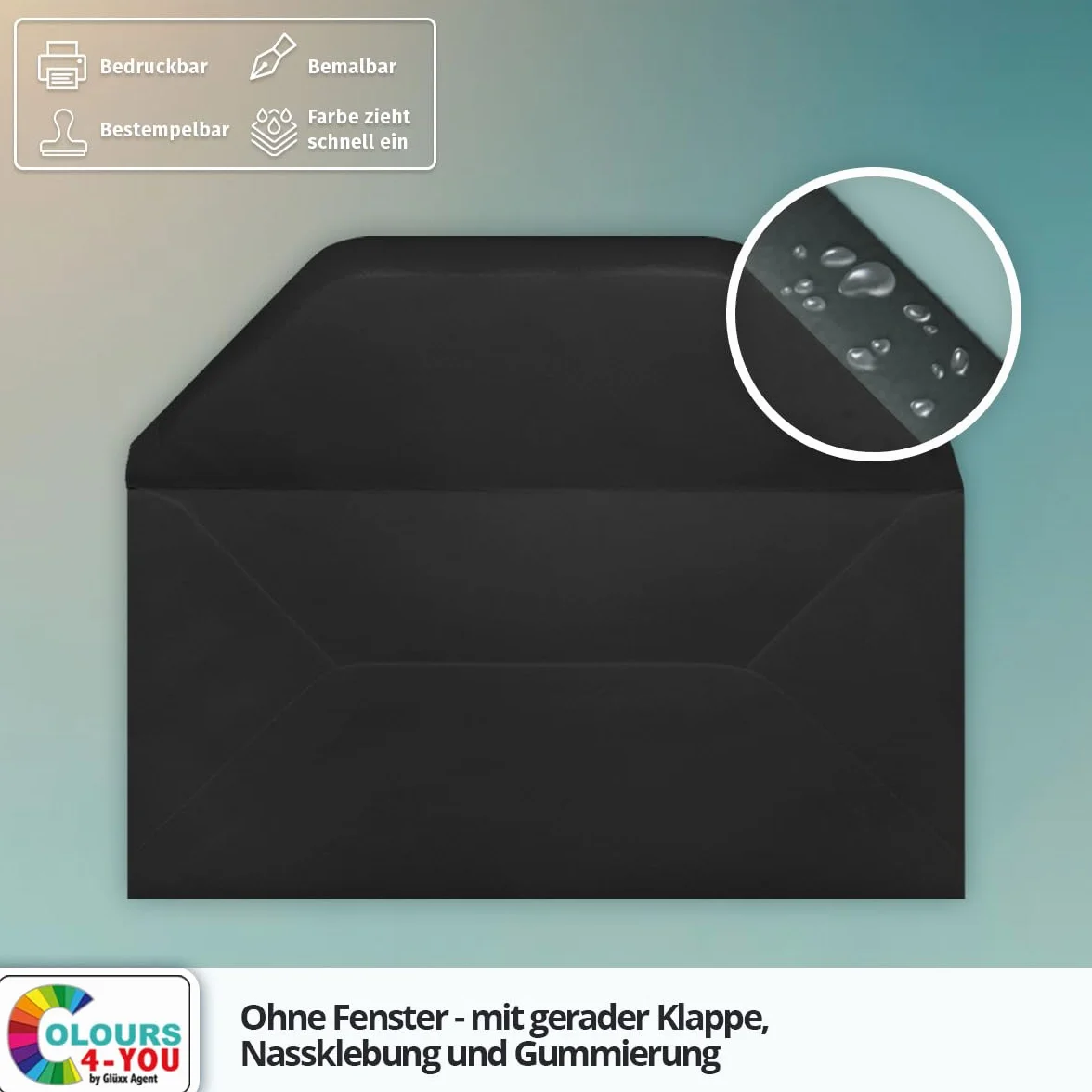 Colours-4-you 50 kopert DIN długie, czarne, 11,0 x 22,0 cm, koperty o gramaturze 80 g/m², klejenie na mokro z prostą klapką, koperty bez okienka