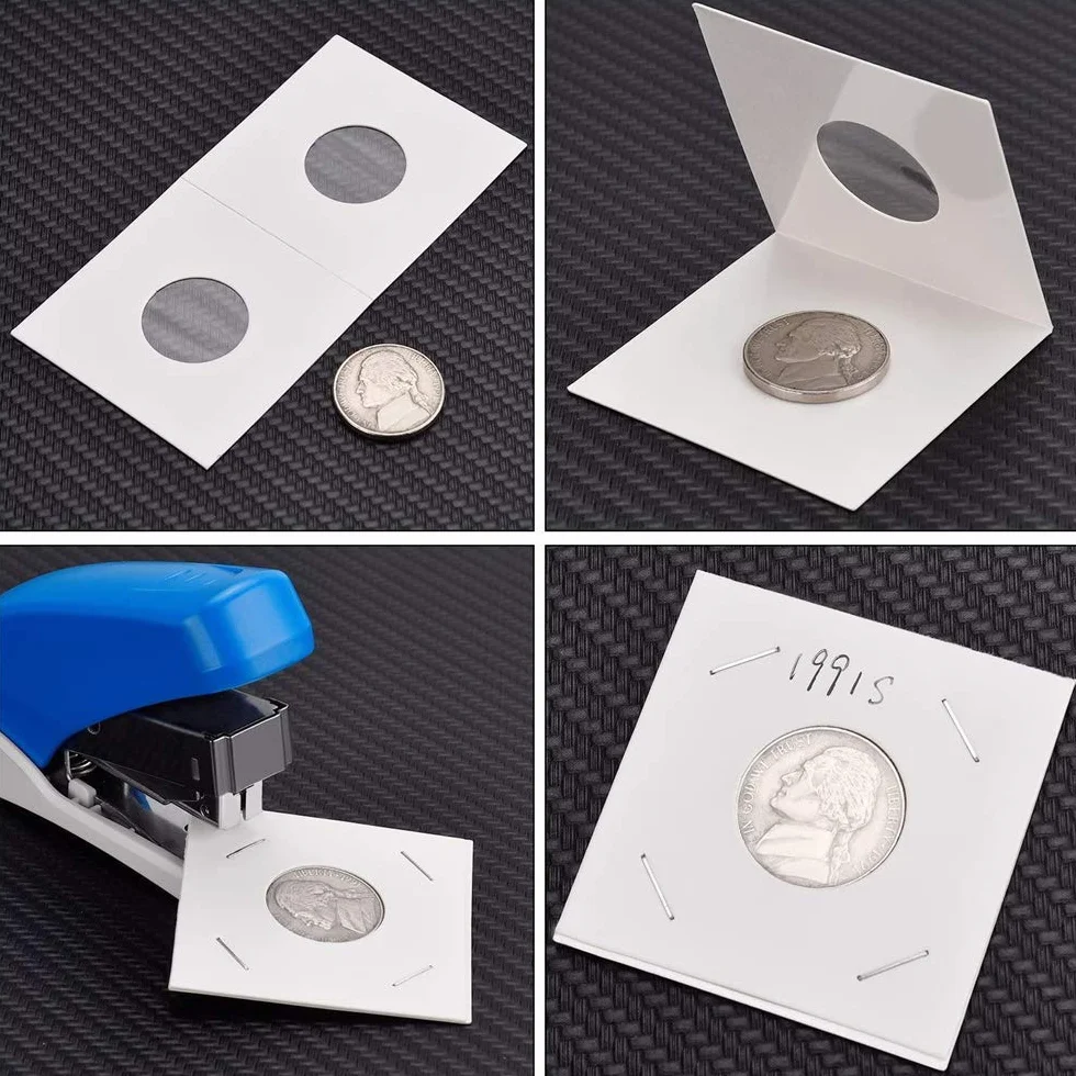 Pudełko na monety, 100 sztuk, biały karton, Coin Flip Flip, duży asortyment do kolekcjonowania monet, 2 rozmiary 25 mm, 31,5 mm