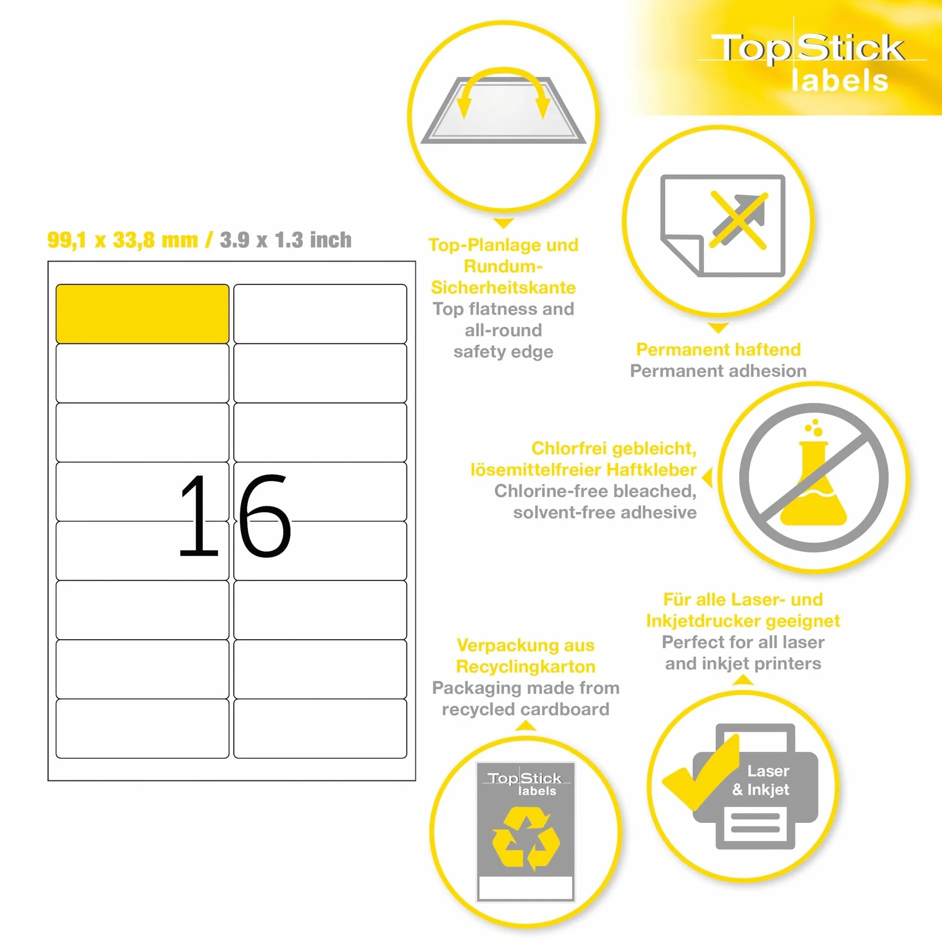 TopStick 8756 etykiety adresowe, 100 arkuszy, 99,1 x 33,9 mm, 16 arkuszy A4, 1600 sztuk, samoprzylepne, do zadrukowania, matowe, czyste naklejki adresowe, białe