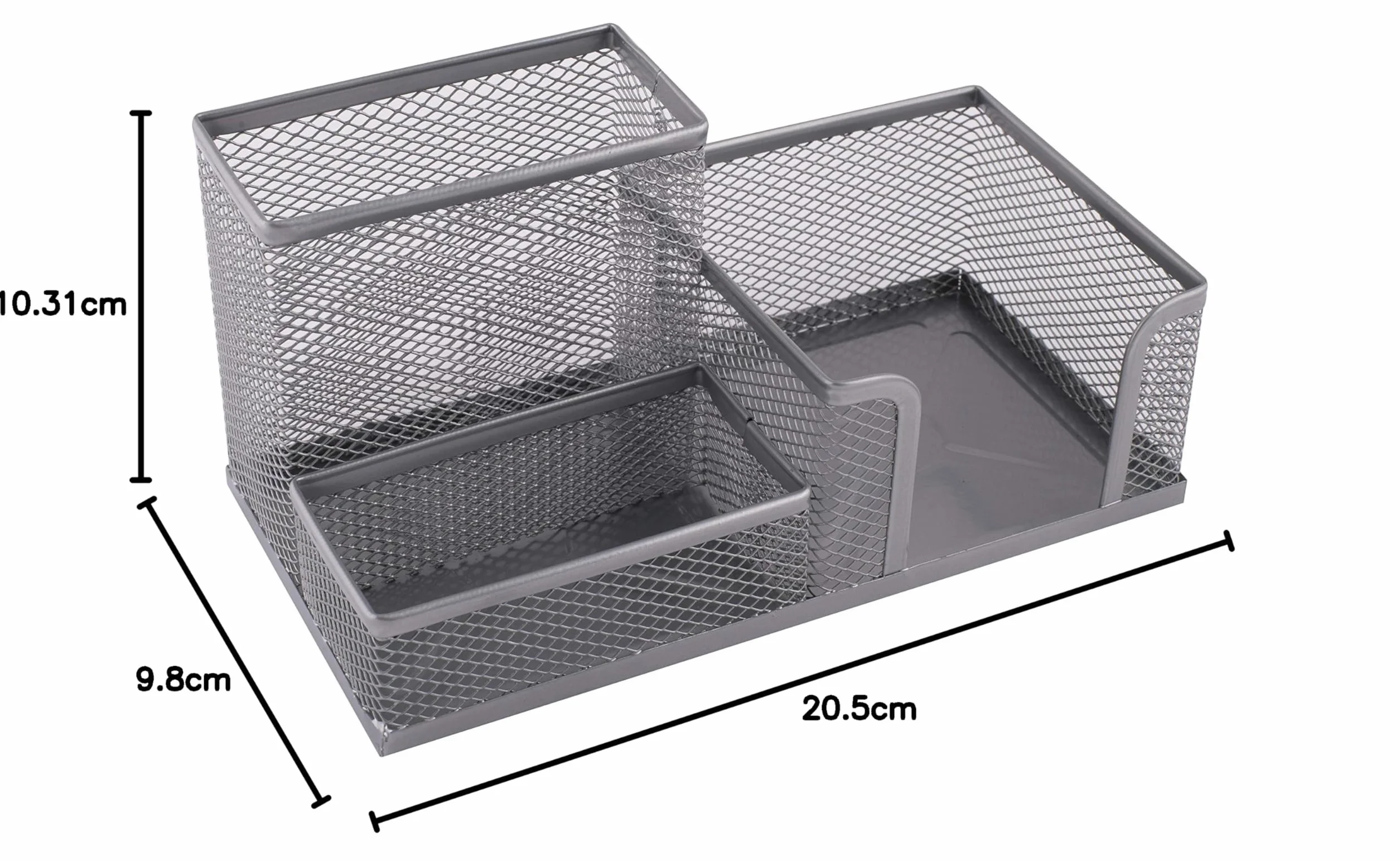 Leviatan Organizer na Biurko z Metalowej Siatki – Srebrny Pojemnik Biurowy z Uchwytami na Długopisy i Karteczki – 205 x 103 x 98 mm