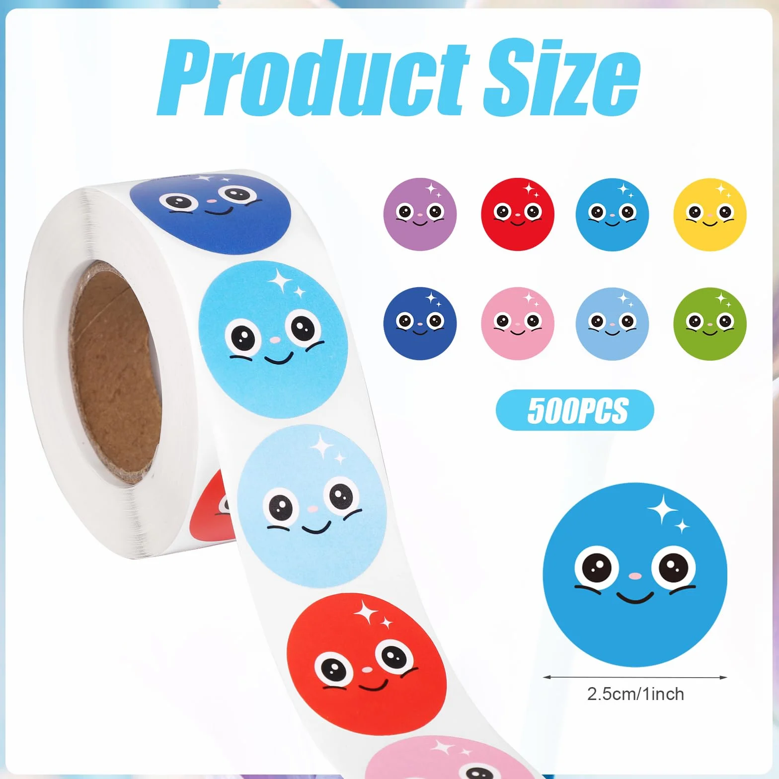 500szt Naklejki Happy Smile Face, 2,54cm Naklejka Happy Face Rolka 8 Kolorów Usmiechnieta Buzka Naklejki z Nagrodami dla Nauczycieli dla Dzieci Nagroda dla Nauczycieli Materialy Rekodzielnicze