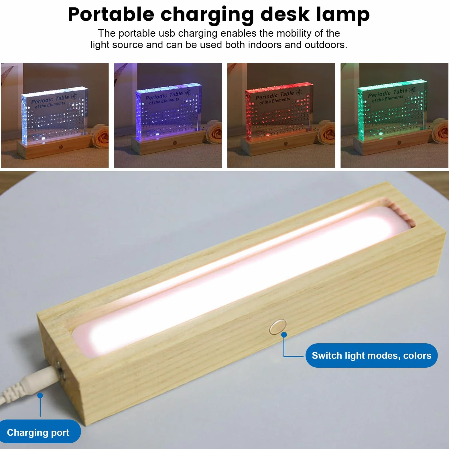 IGTOPS Tablica okresowa z prawdziwymi pierwiastkami, 160 * 120 * 27mm, akrylowa tabela okresowa 83 pierwiastków z podstawą LED, lampa stołowa, plakat do nauki chemii, prezent do wyświetlania układu