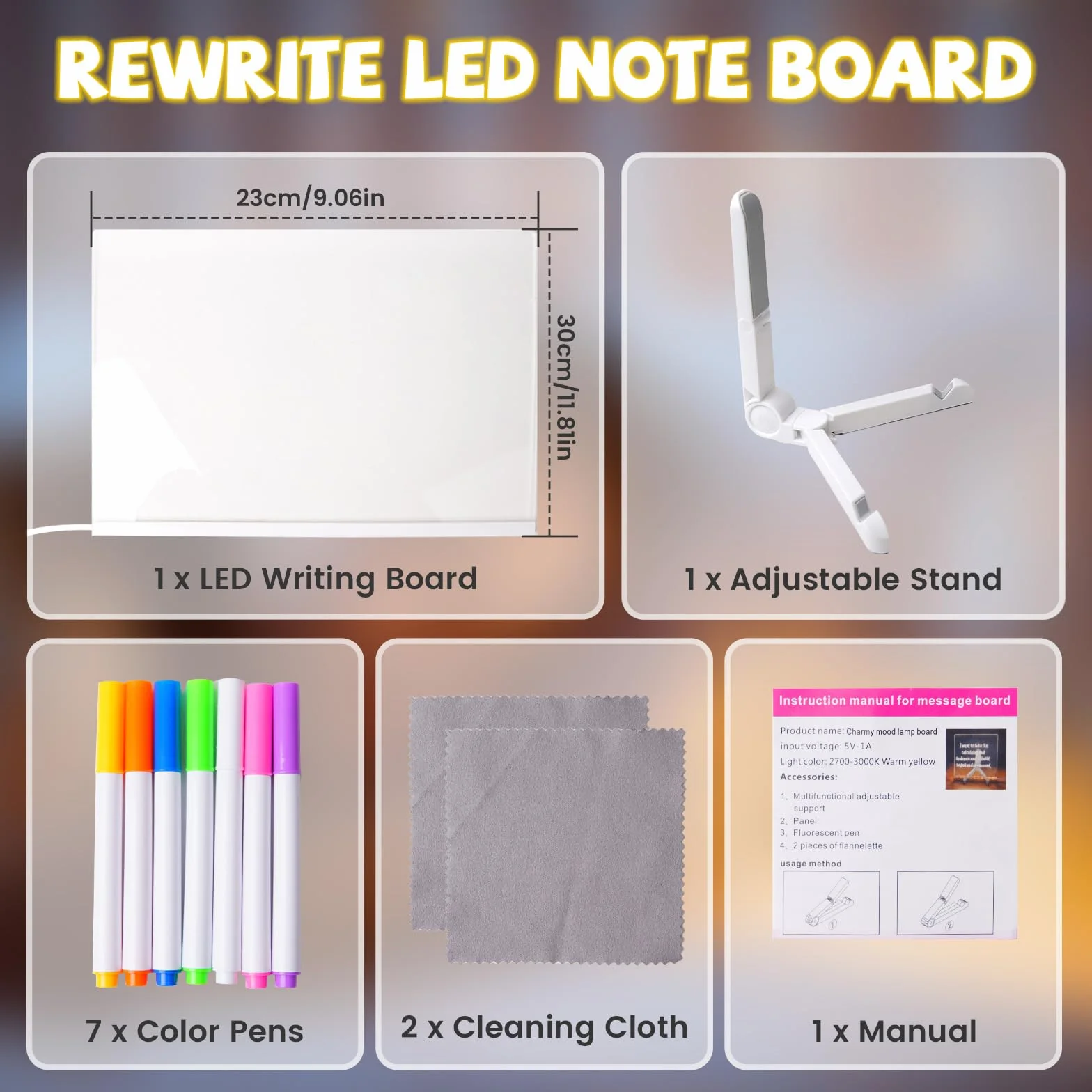 Lustaled Tablica do pisania LED z kolorami, akrylowa tablica do notatek z 7-kolorowym ołówkiem, 30x20 CM z podstawą, LED-tablica do rysowania dla dzieci, tablica artystyczna do biura, szkoły, domu