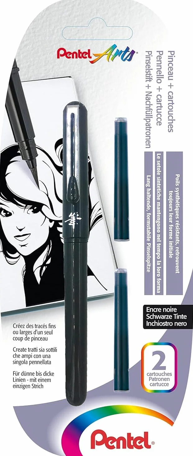 Pentel Kieszonkowy pędzelek pędzelkowy pędzel pigment do wielokrotnego napełniania czarny atrament 1 pinceau + 2 wkłady czarny