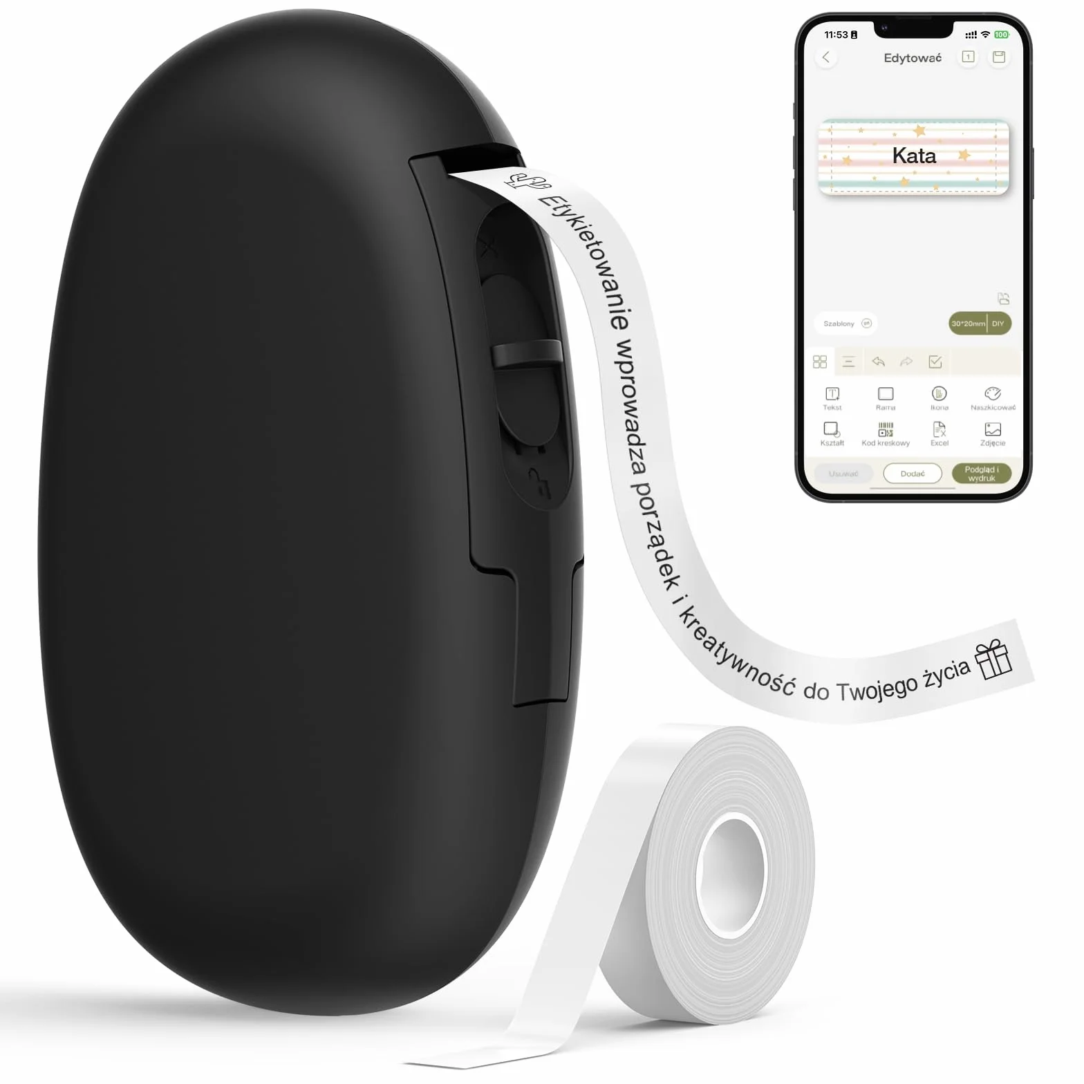 SUPVAN E10 Drukarka Etykiet Bluetooth, Termiczna i Bez Tuszu, z Wodoodpornymi Etykietami Samoprzylepnymi, Aplikacja Mobilna (40+ Czcionek, 150+ Szablonów, 700+ Ikon), Do Domu i Biura, Czarna