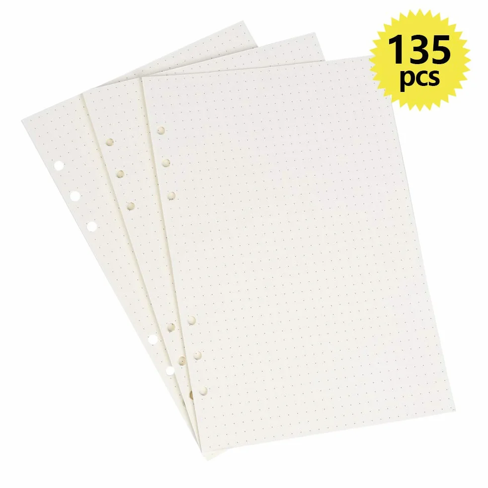 FOCCTS 135 Blätter Gepunktetes Papier Dot Grid Paper A5 6 Löcher Nachfüllpapier für Filofax A5, Notizen, DIY, Bullet Journal, Skizze, Malerei, 21 x 14.2 cm