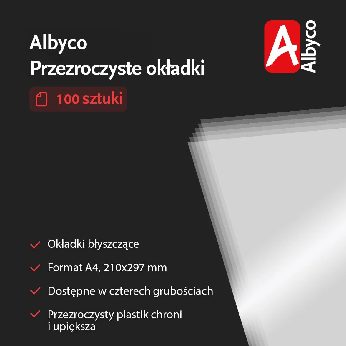 Albyco przezroczyste pokrywy błyszczące PVC A4 210x297mm 0,20mm 200 mikronów