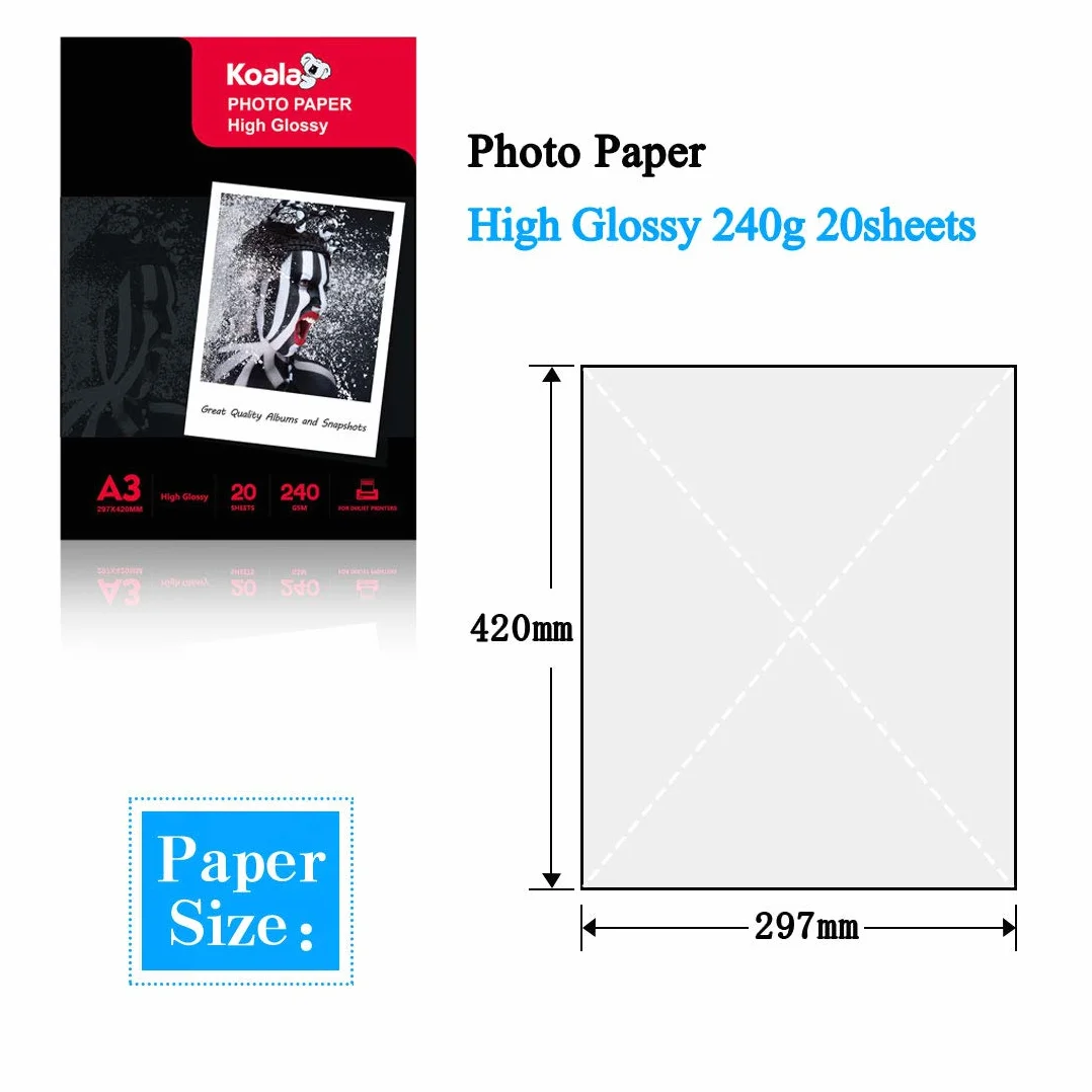 KOALA Atramentowy papier fotograficzny A3 błyszczący 20 arkuszy 240 GSM do drukarki atramentowej Canon HP Epson