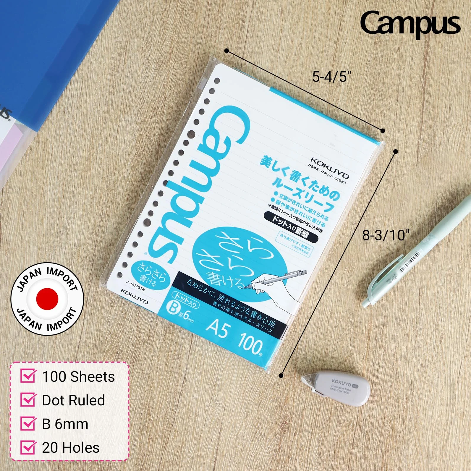 Kokuyo Campus papier liściasty - Sarasara - A5 - kropkowana reguła 6 mm - 20 otworów - 100 arkuszy