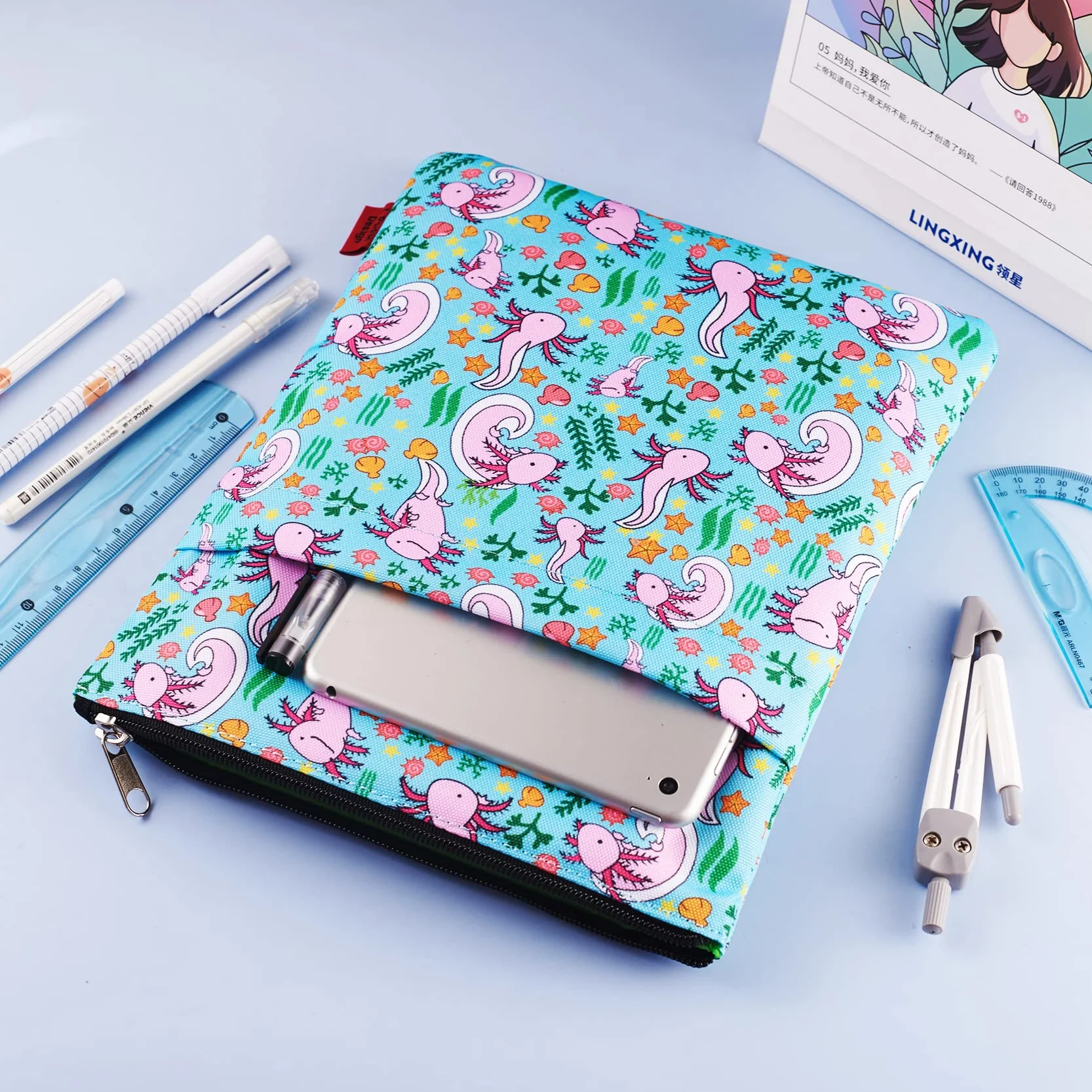 Axolotl Gifts etui na książki z zamkiem błyskawicznym i przednią kieszenią, okładki na książki w miękkiej okładce, 28 x 20 cm, prezenty dla miłośników książek
