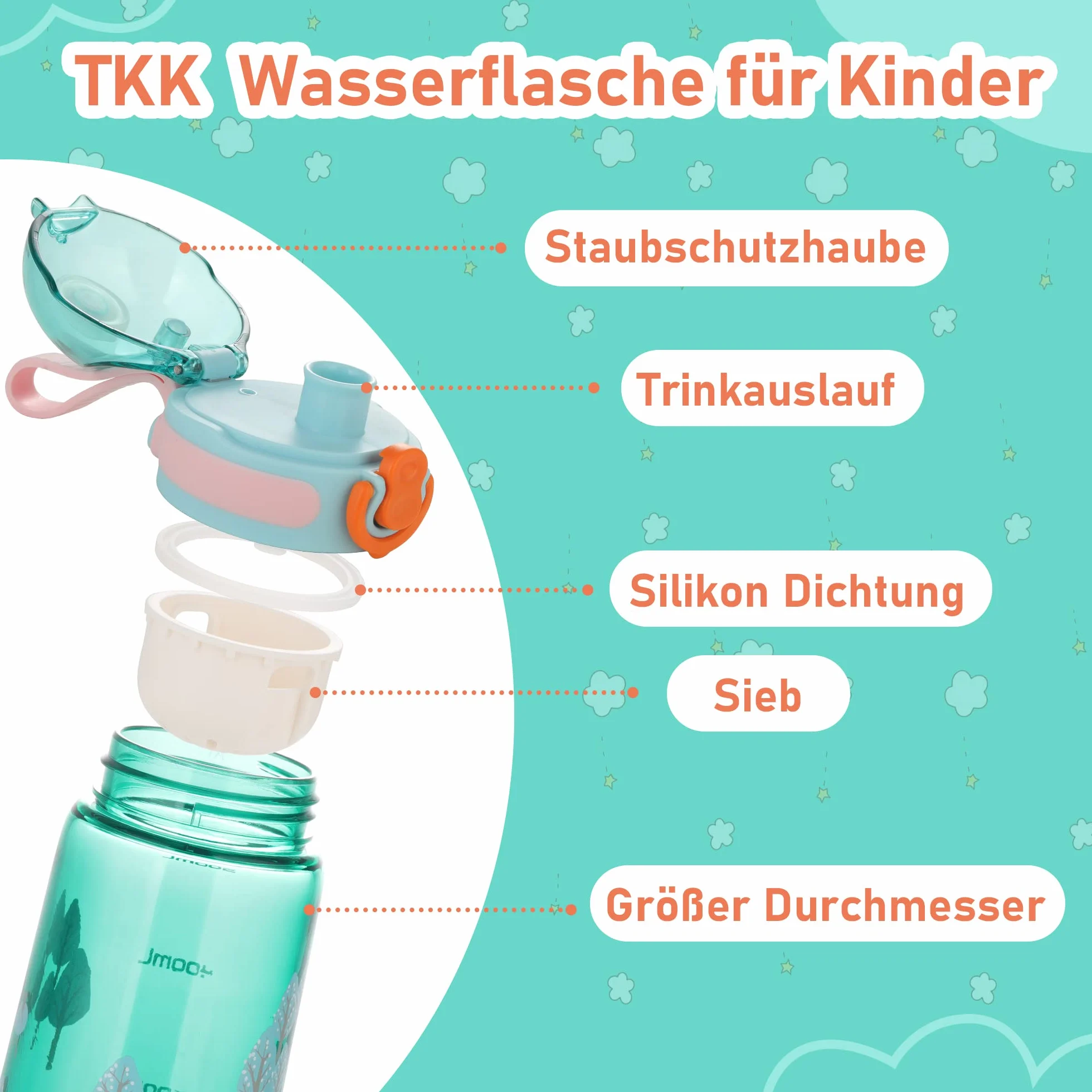 TITIROBA TKK butelka dla dzieci z szczelną pokrywką, tritan, bez BPA, obsługiwana jedną ręką, kolor niebieski, 500 ml