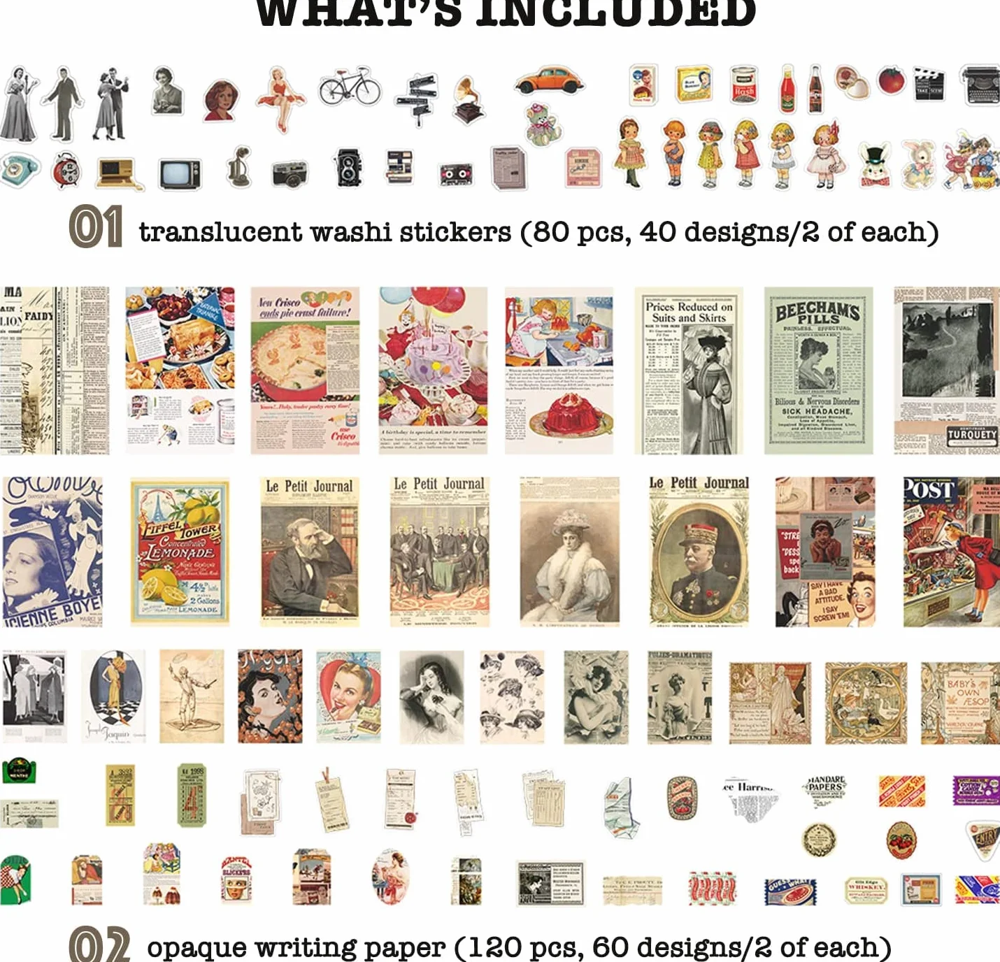 Vintage Scrapbook, 200 sztuk naklejek retro do pamiętnika, pieczęci, scrapbookingu, kalendarza, notatnika, książki do planowania, albumu fotograficznego, dekoracji na zdjęcia, ramki do zdjęć