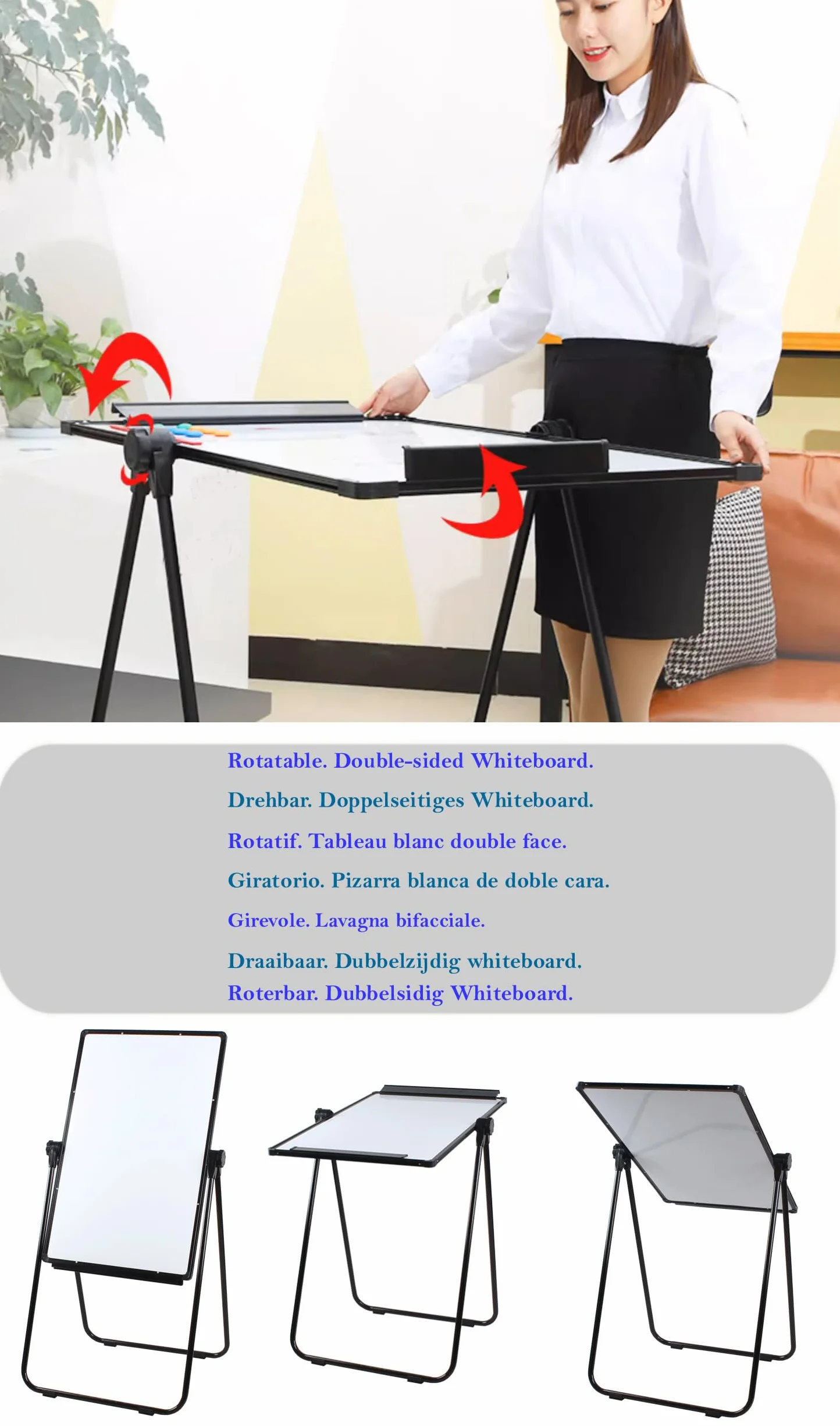 TUKA-i-AKUT ​ Stojak na flipchart, tablica magnetyczna, 90 x 60 cm, z regulacją wysokości, składany, stojak w kształcie litery U, sztaluga suchościeralna, z uchwytem na papier, zmywalna, kolor czarny