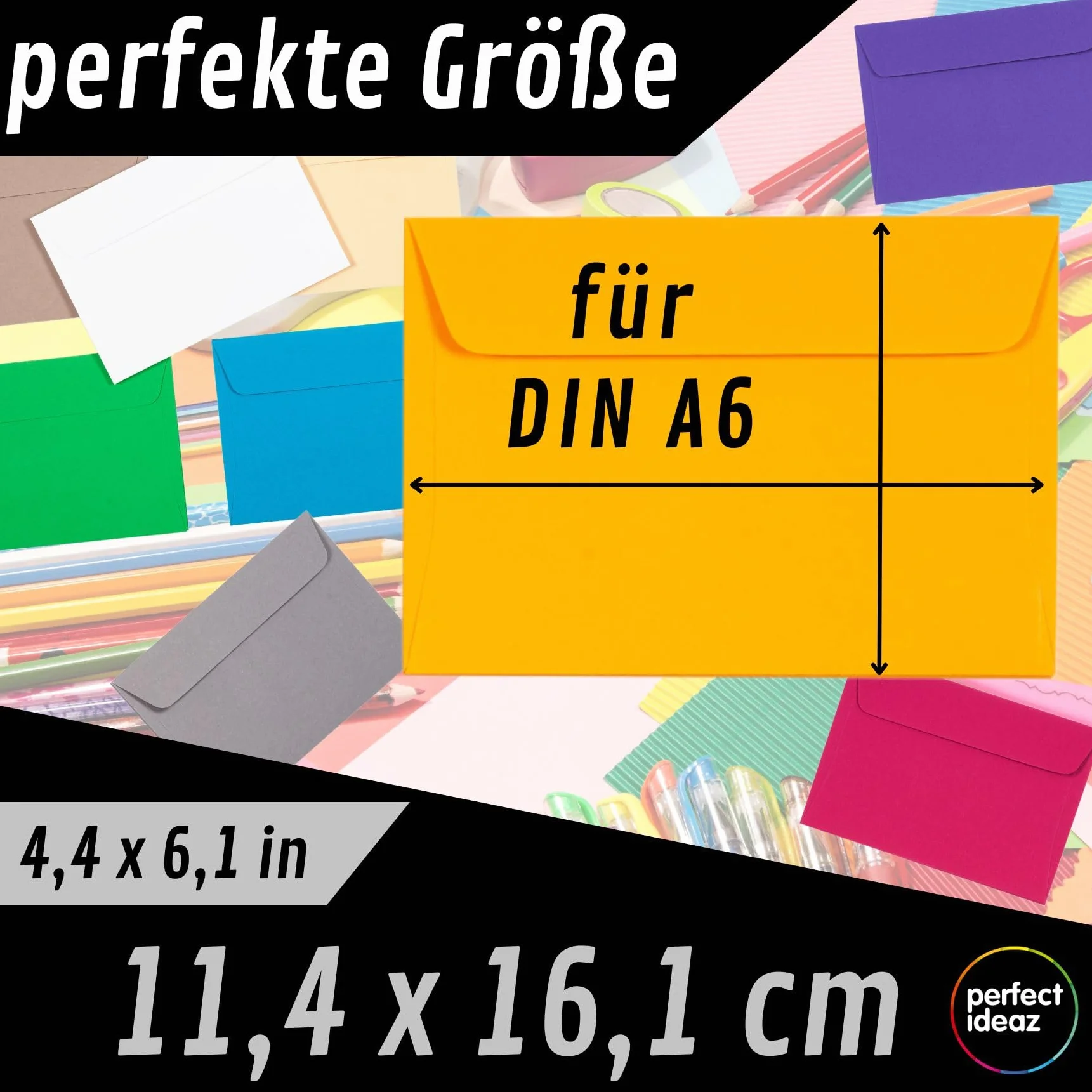 perfect ideaz - 50 kopert DIN-C6 bez okienka, na format DIN A6, z papieru pochodzącego z recyklingu, 10 kolorów, wyprodukowanych w Niemczech, certyfikat Blauer Engel