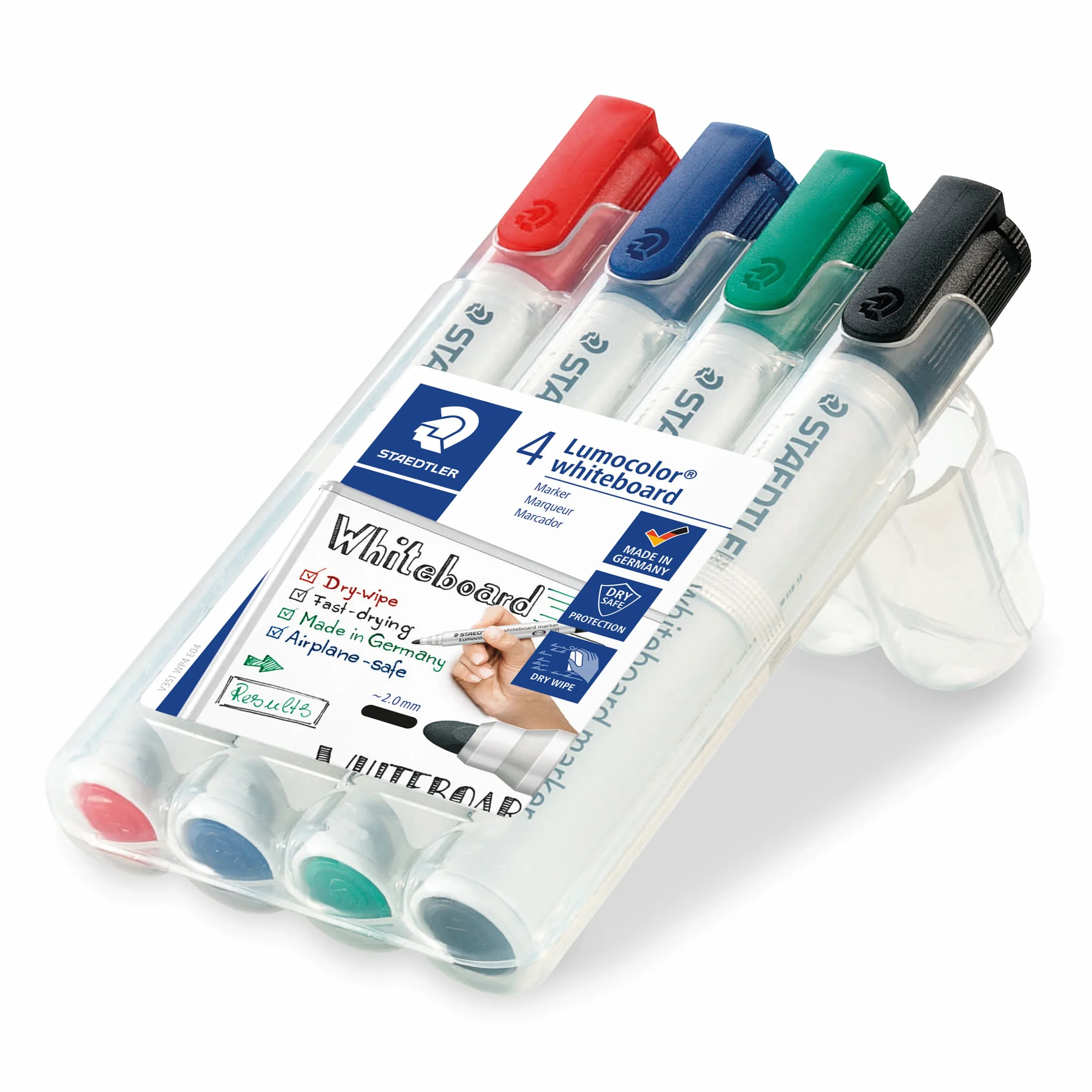 STAEDTLER Lumocolor markery do tablic suchościeralnych 2 mm zestaw 4 sztuk z gąbką