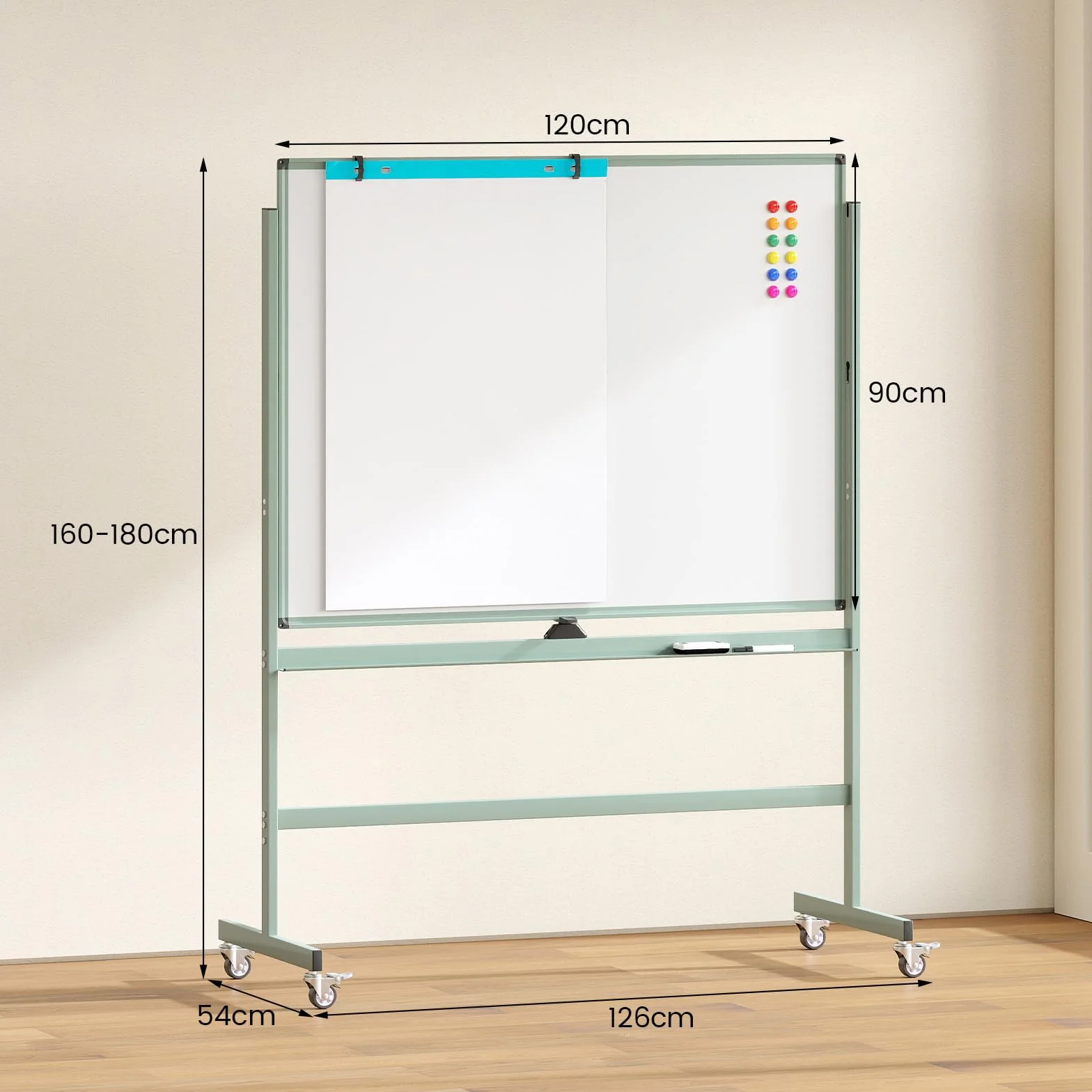 GIANTEX Przenośna tablica suchościeralna ze stojakiem, 120 x 90 cm, dwustronna tablica magnetyczna 160/180 cm, z regulacją wysokości i obracana o 360°, magnetyczna z półką na długopisy, do szkoły