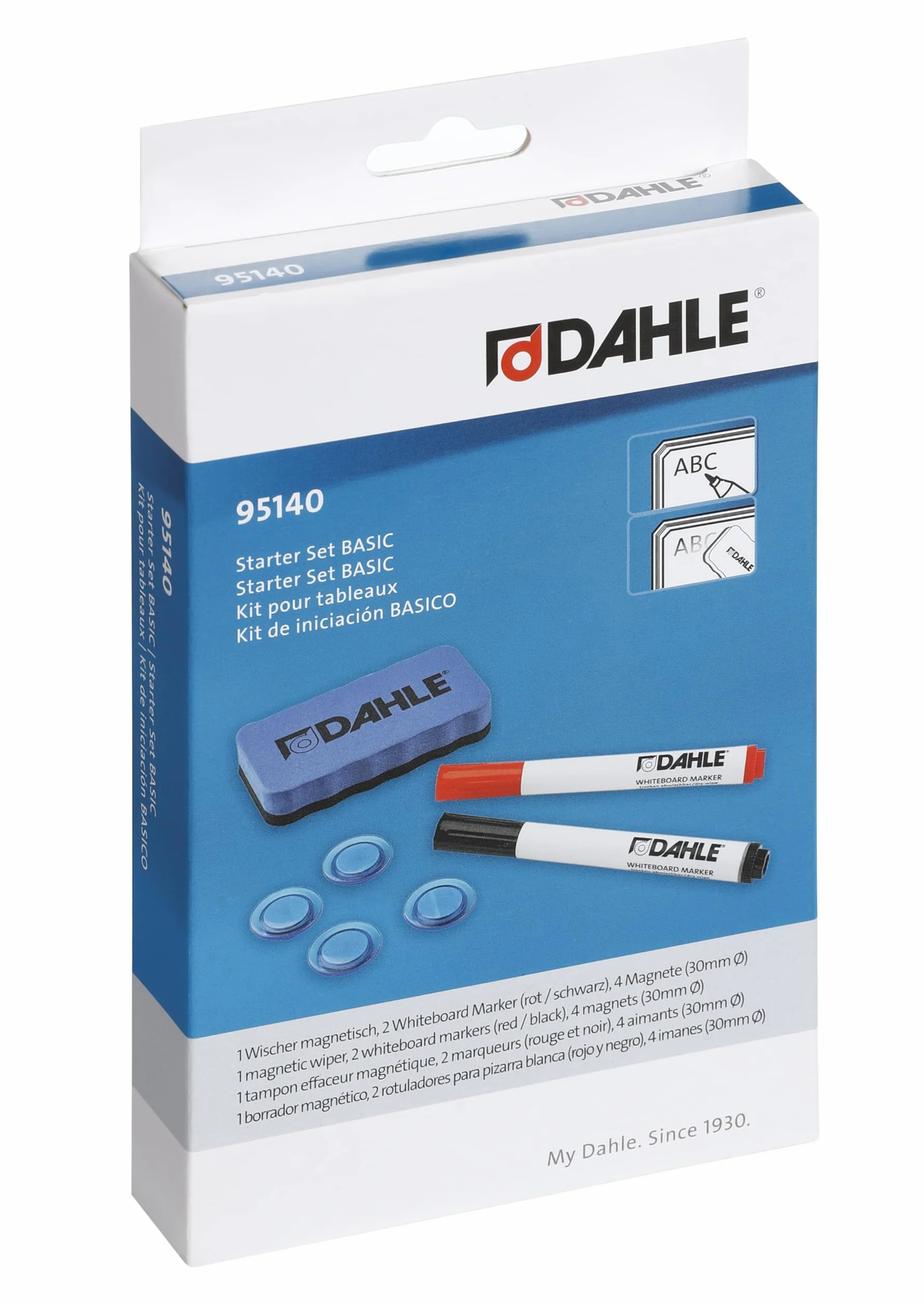 Dahle 95140-13540 zestaw startowy do tablic suchościeralnych (2 markery do tablic czerwone/czarne, 4 magnesy, 1 wycieraczka magnetyczna)