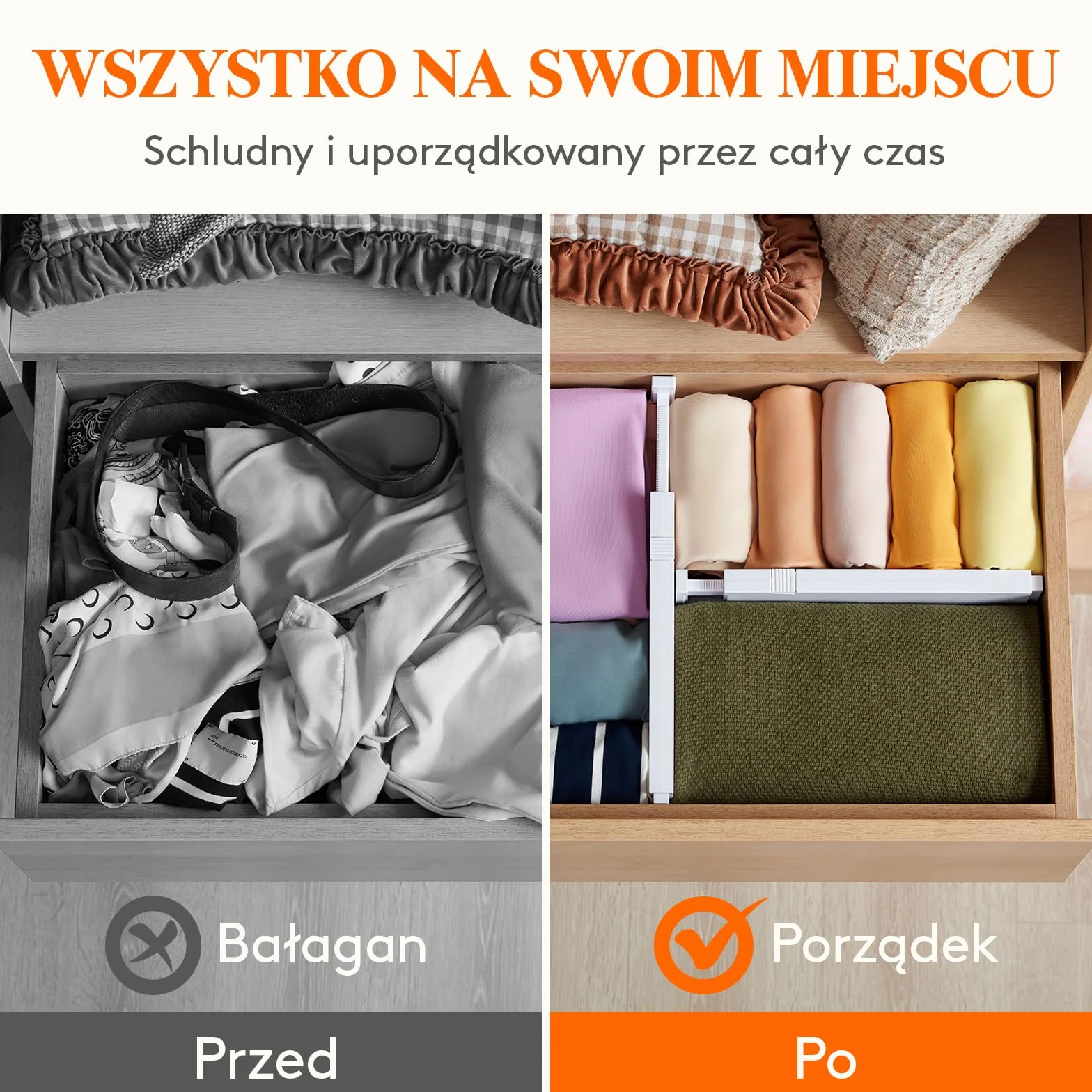 Lifewit 4 Plastikowych przegródek do szuflad o wysokości 10 cm, 28-44,5 cm Regulowane organizery do szuflad na ubrania, rozszerzalne separatory do organizacji w sypialni/łazience/kuchni/biurze