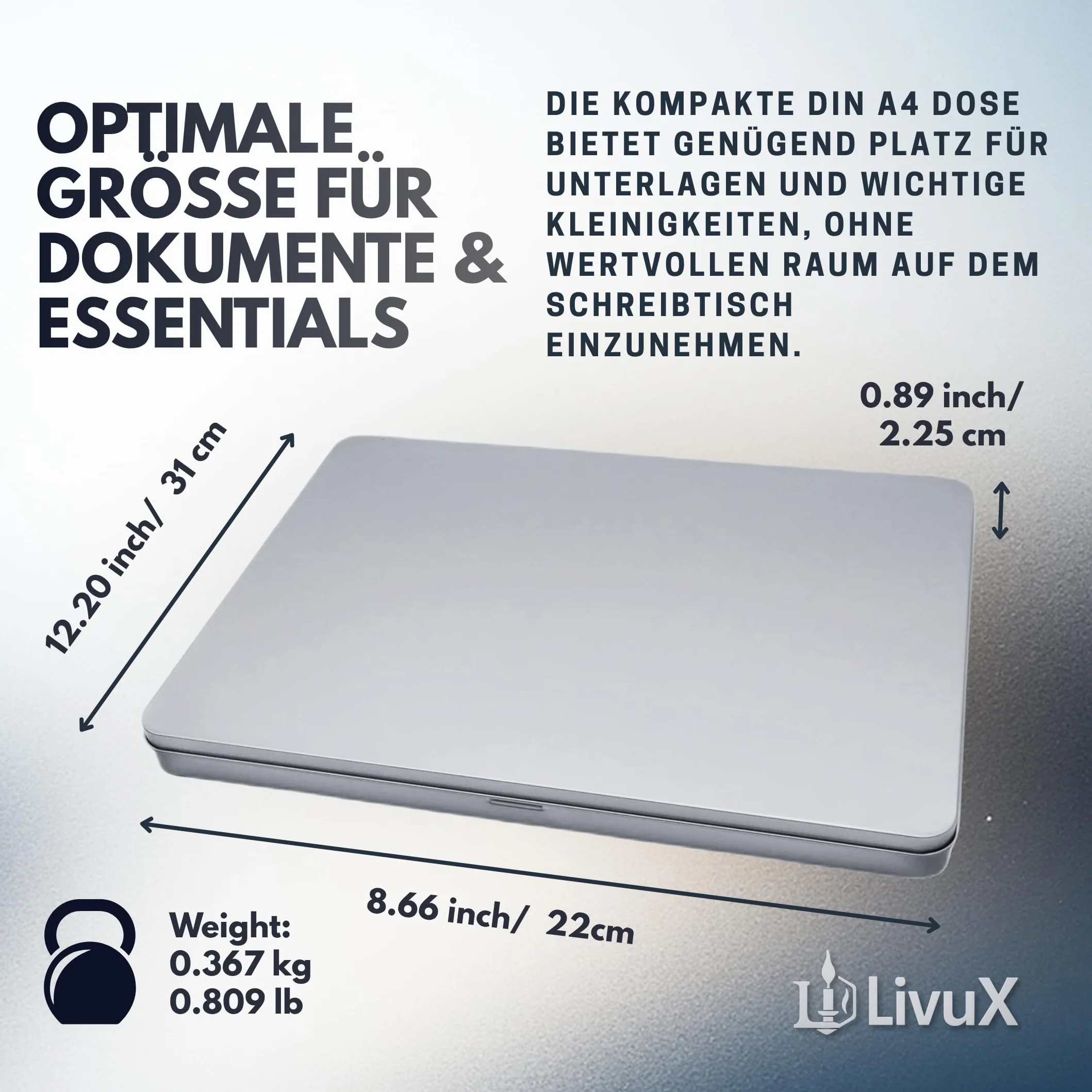 LivuX Pudełko na dokumenty DIN A4, 31 x 22 x 2,25 cm, 0,367 kg, prostokątne pudełko do przechowywania z pokrywką, do biura, domowego biura i archiwum, metal premium