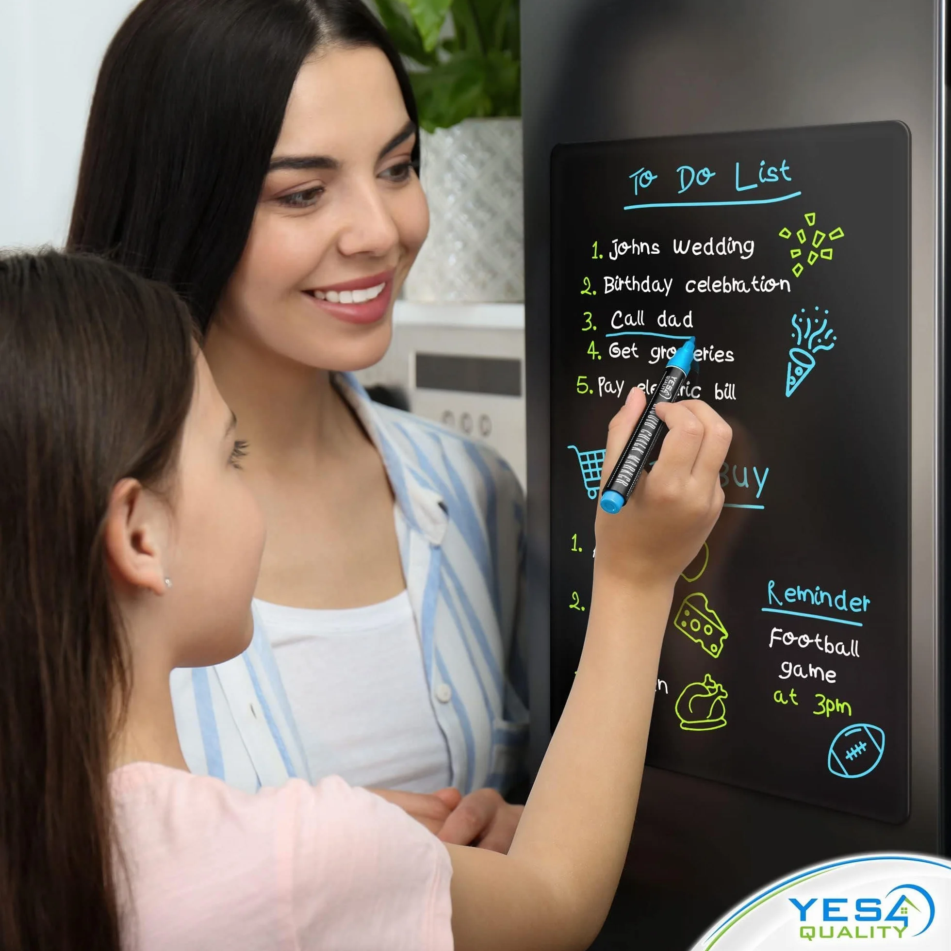 Magnetic Black Dry Erase Board for Fridge - A3 / 43 x 28cm - Stain-Resistant w/ 3 Magnetic, Fine-Tip Neon Chalk Markers & Eraser - by Yes4Quality