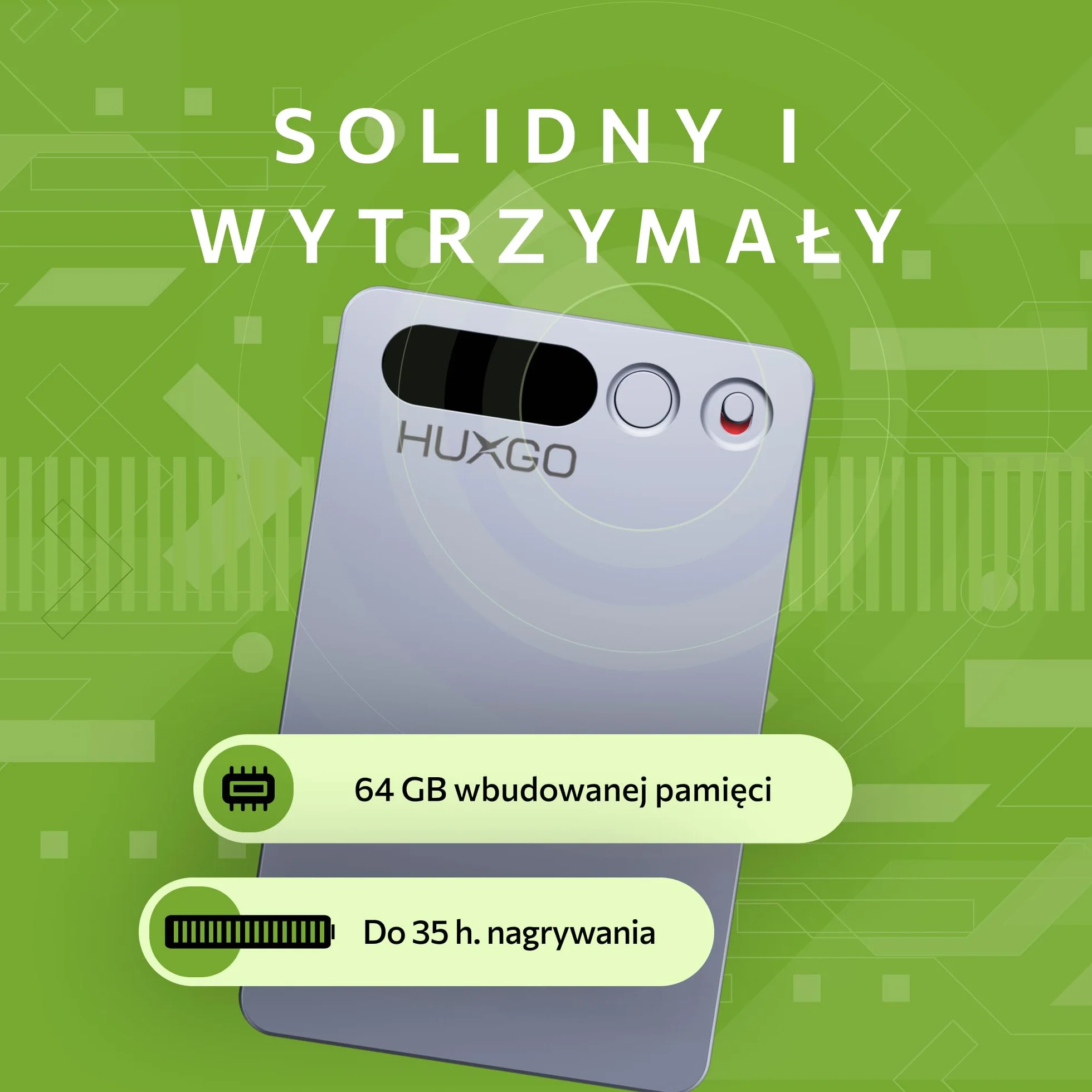 Dyktafon Cyfrowy AI 64GB HUXGO z Podwójnym Mikrofonem Redukcją Szumów Bluetooth 5.3 35h Nagrywania