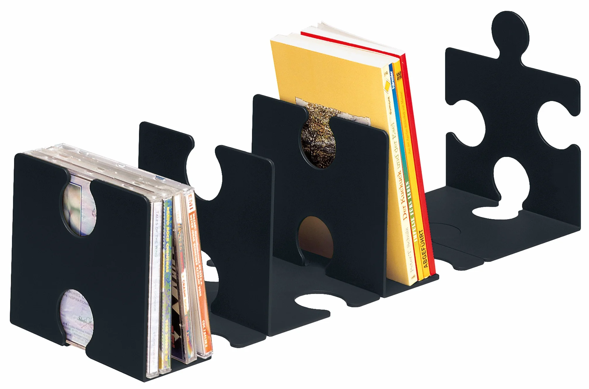 HAN Stojak na płyty CD i podpórka do książek puzzle, stabilny segregator stojący o nowoczesnym wyglądzie puzzli, na płyty CD, książki i DVD, 9212-13, czarny