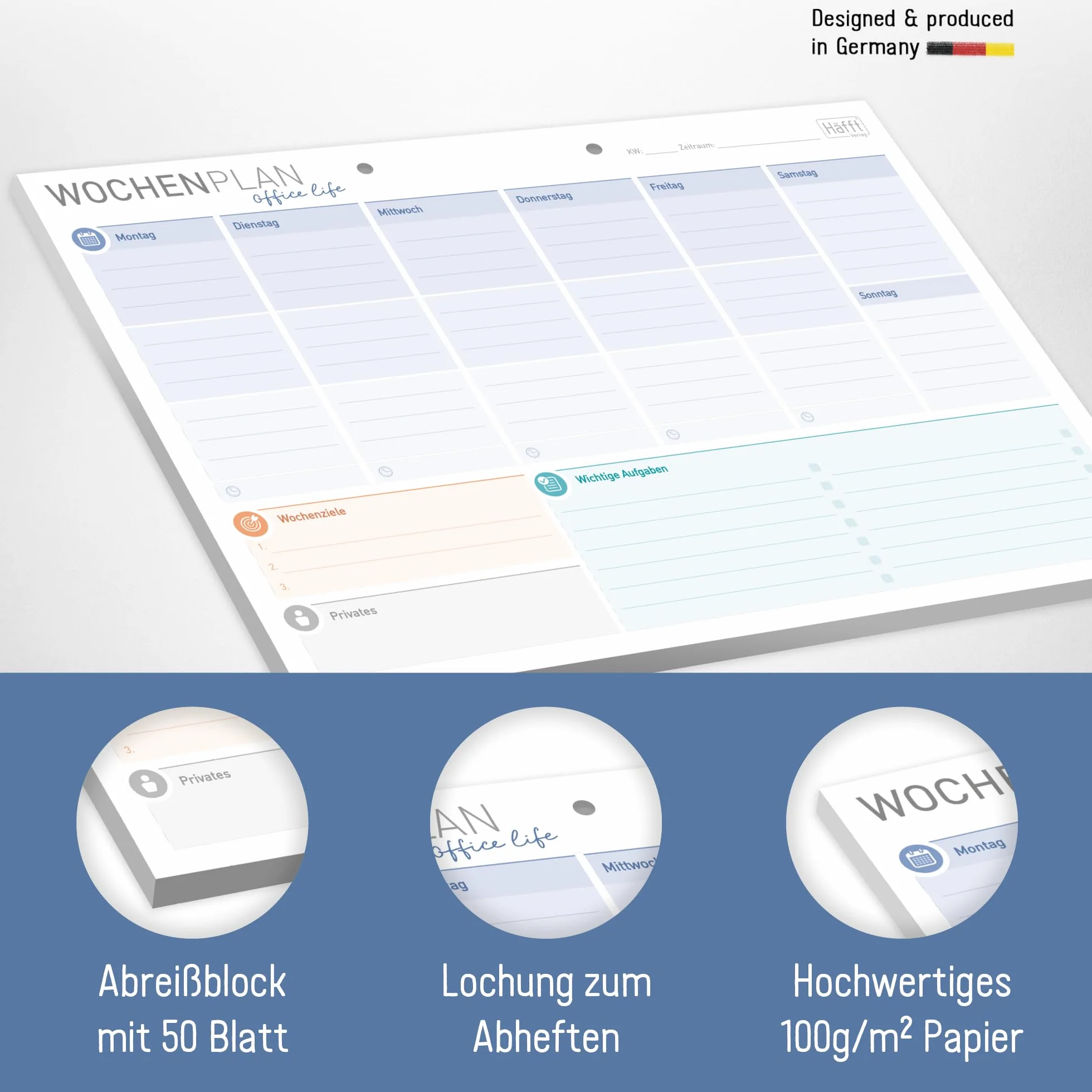 Planer tygodniowy Häfft® A4 bez stałej daty "Office Life" 50 kartek - planer spotkań bez daty z listą rzeczy do zrobienia, celami i nie tylko - przyjazny dla klimatu i ekologiczny