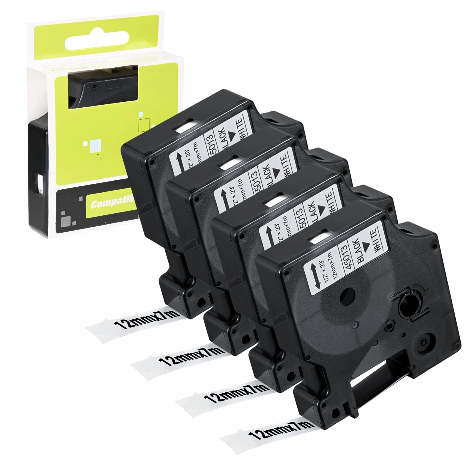 4x taśma do etykiet, kompatybilna z Dynmo D1 12mmx7m, czarna na białym tle, samoprzylepna taśma do etykiet, zamiennik dla Dymo 45013 do LabelManager 160 280 210D 420p LabelWriter 450 Duo