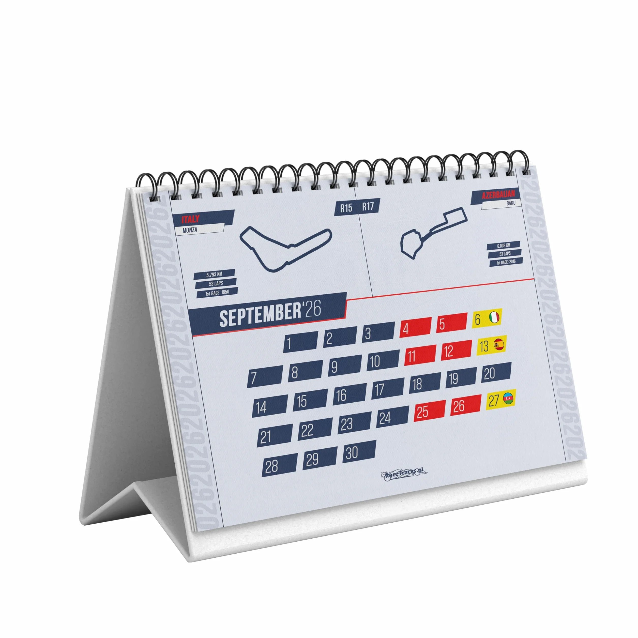 Kalendarz biurkowy Motorsport 2026 A5 - terminarz Formuła 1 z grafikami torów, datami Grand Prix, papier 300g/m2