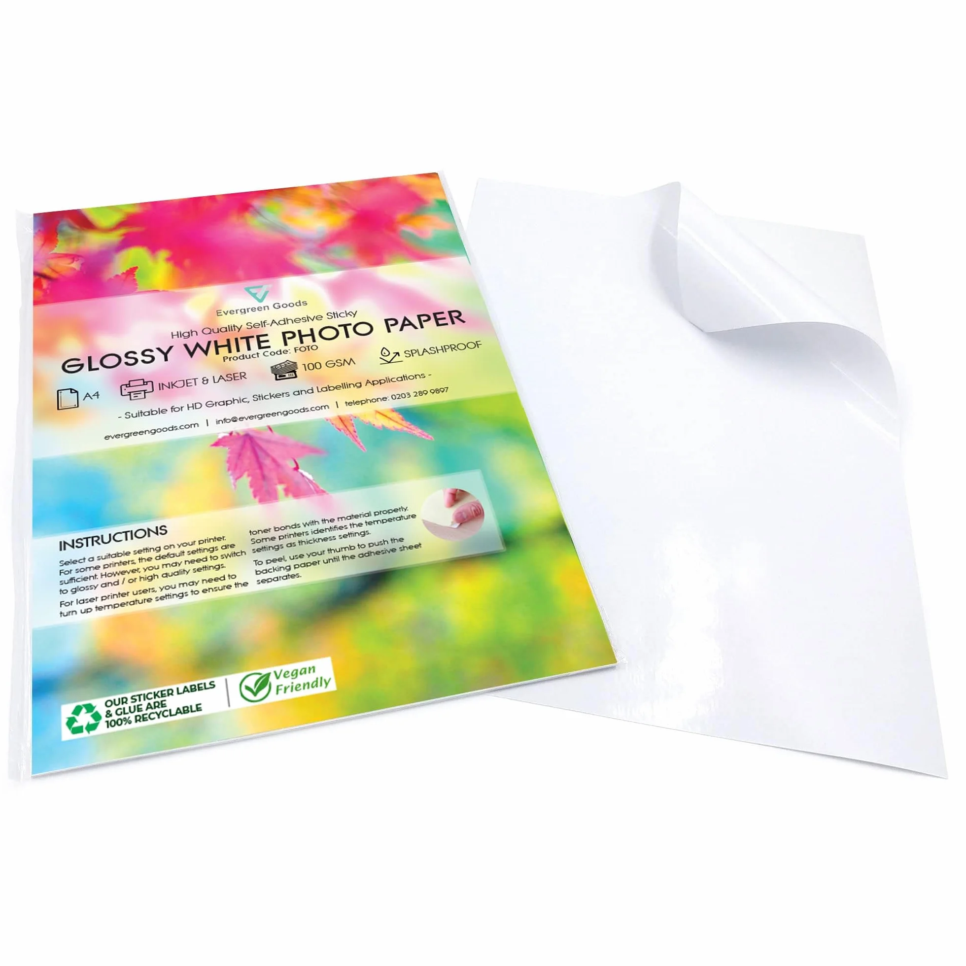 Evergreen Goods Papier do Naklejek Fotograficznych A4 20 Arkuszy Biały Błyszczący Odporny na Zachlapanie Atramentowy Laserowy