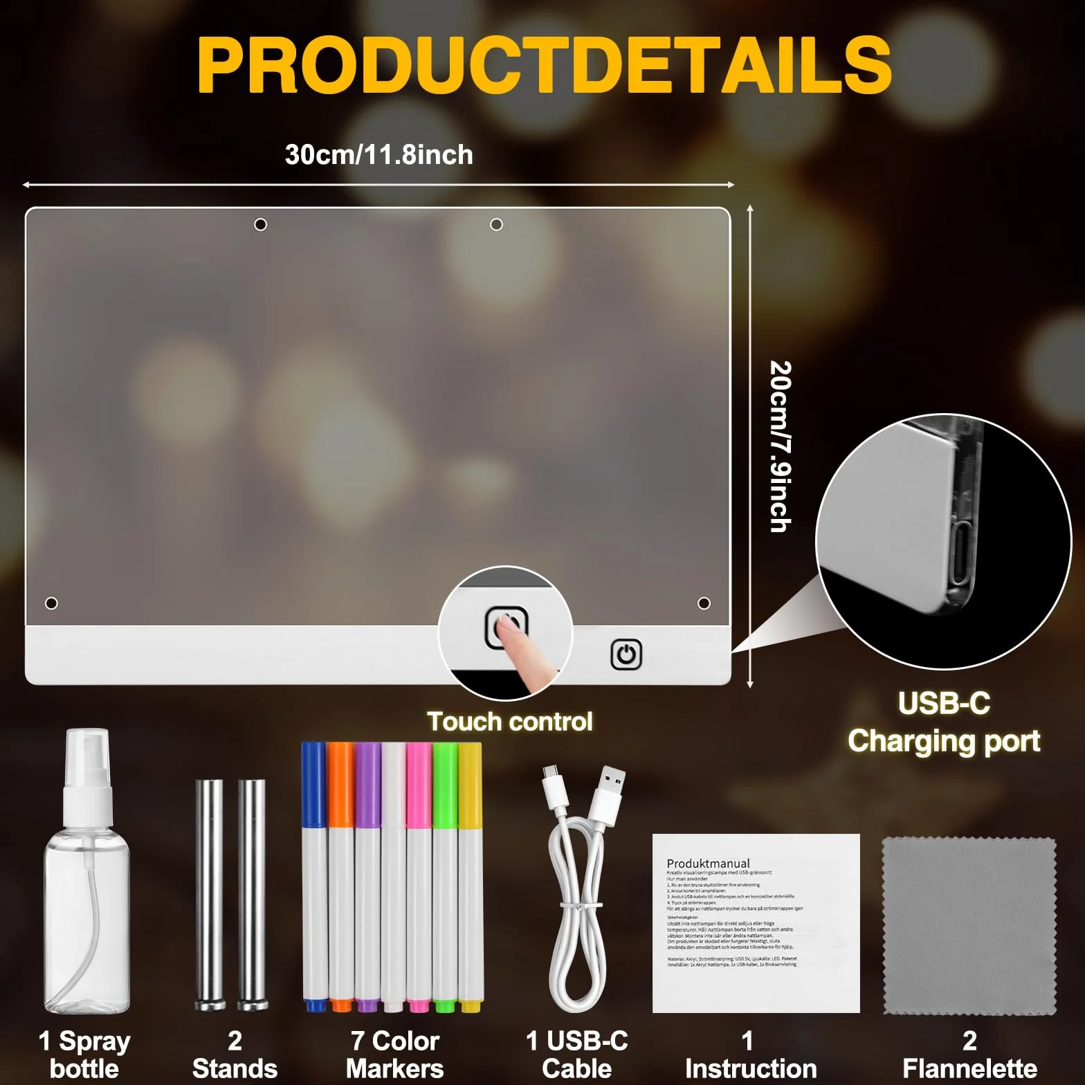 Tablica LED akrylowa suchościeralna 30x20 cm 6 trybów kolorystycznych neonowa podświetlana dla dzieci