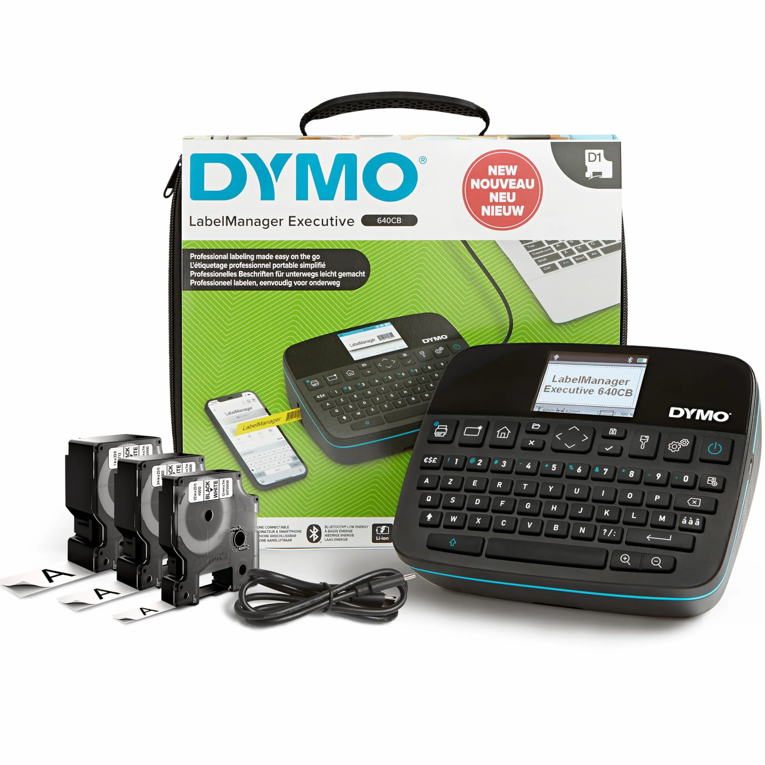 DYMO LabelManager Executive 640 CB Drukarka etykiet z walizką i 3 kasetami D1 | Kompaktowa maszyna do etykietowania z klawiaturą AZERTY | Łączność Bluetooth i USB