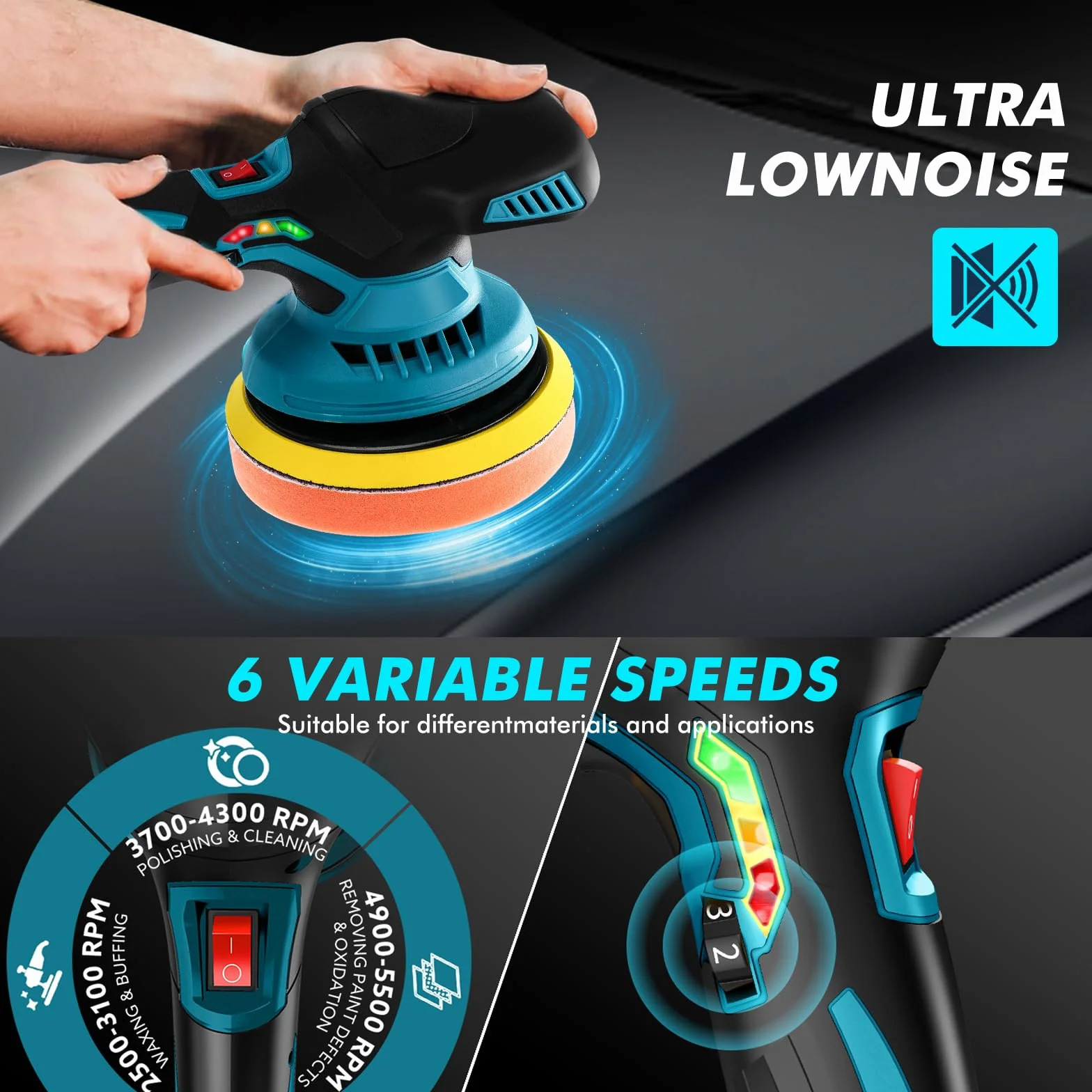 Bezprzewodowa polerka samochodowa, polerka orbitalna, 15 cm, 2 baterie 21 V, 1500 mAh, 13 końcówek, 6 zmiennych prędkości 5500 obr./min