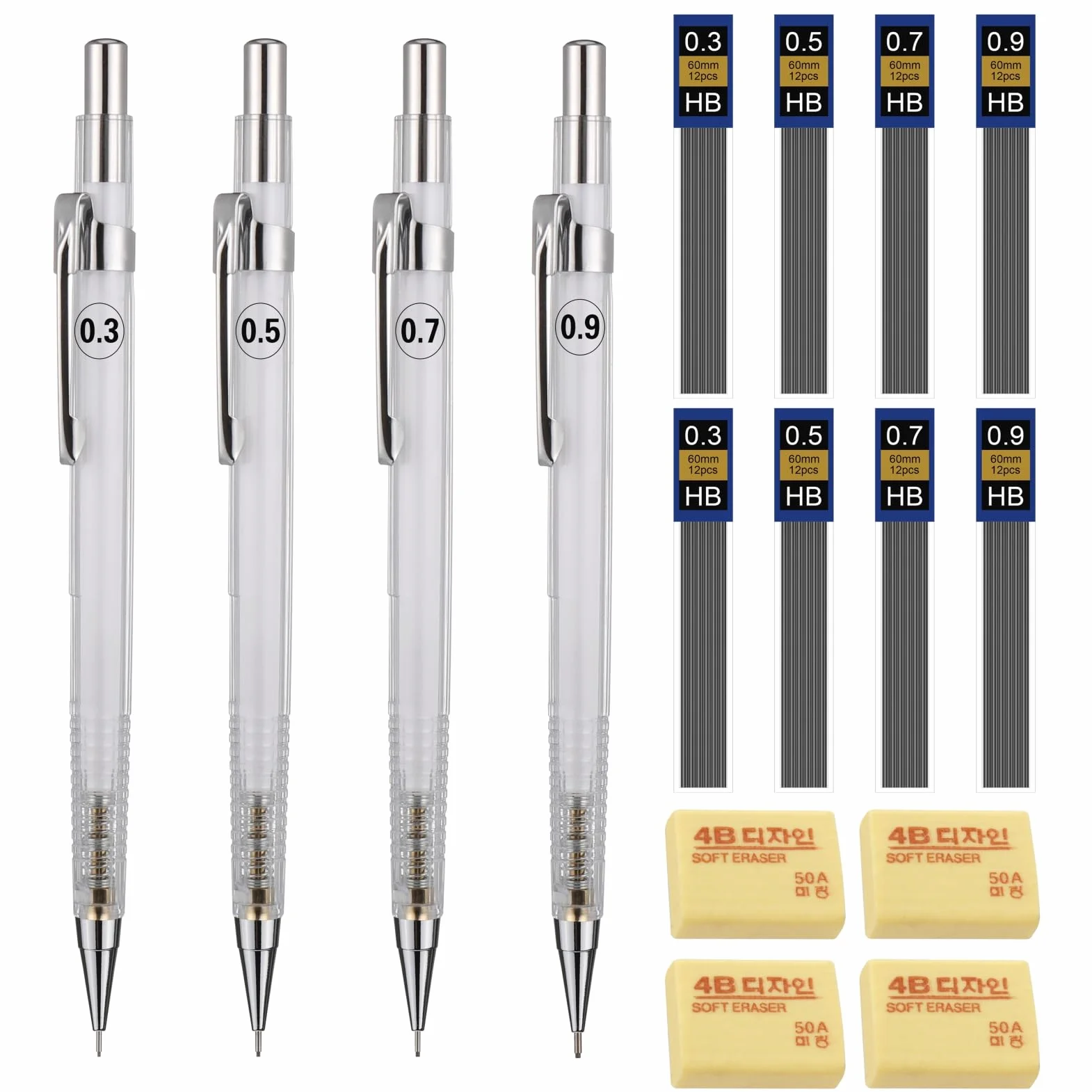 JIANTA Zestaw ołówków mechanicznych, 4 szt. ołówków automatycznych HB 0,3 0,5 0,7 0,9 mm, ołówek napędowy sprzęgła z 8 wkładami rurowymi i 4 gumkami do pisania szkicowania