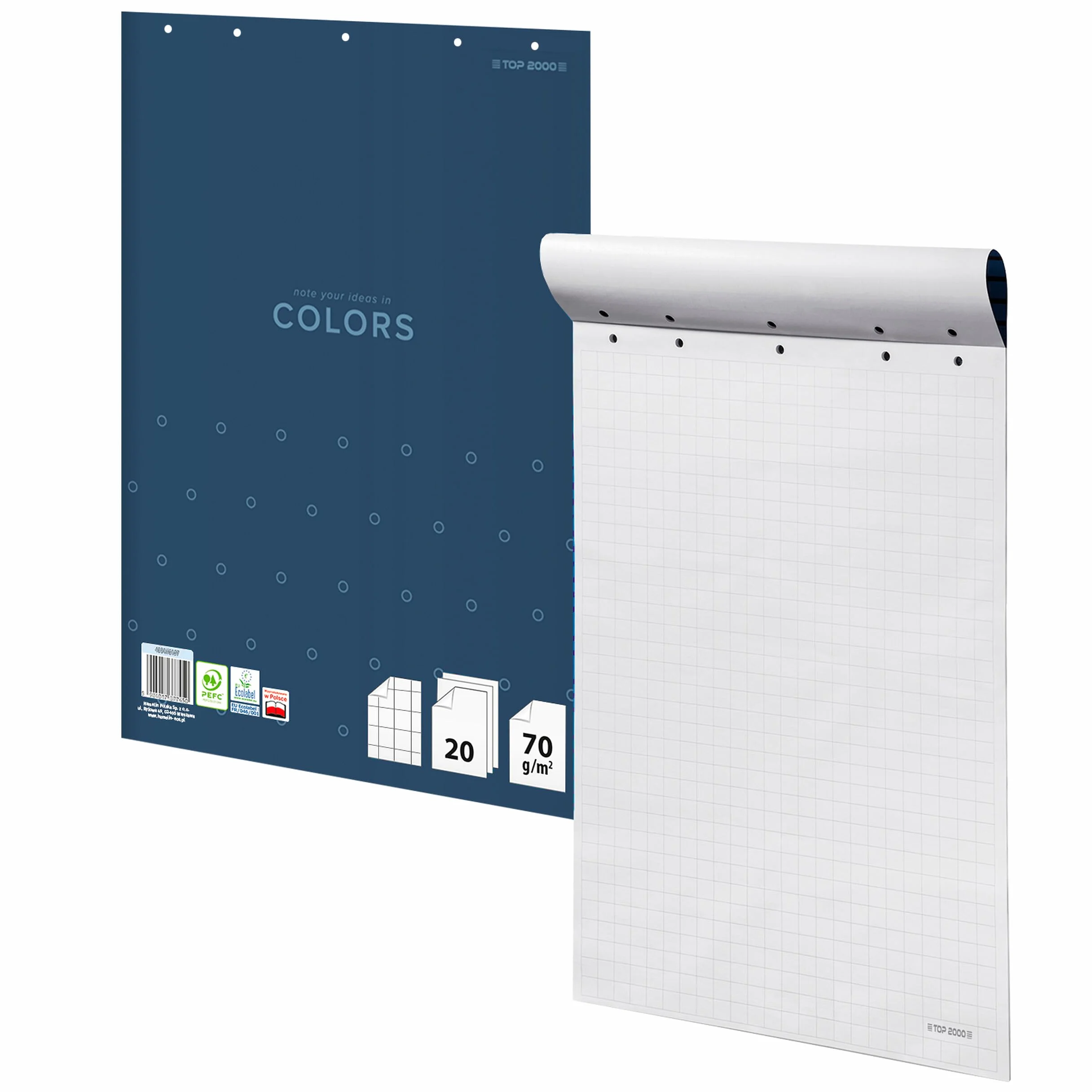 Top-2000 Blok papieru flipchart/flipchart 64 x 90 cm, w kratkę, 20 arkuszy w blok, 70 g/m², 1 sztuka, biały