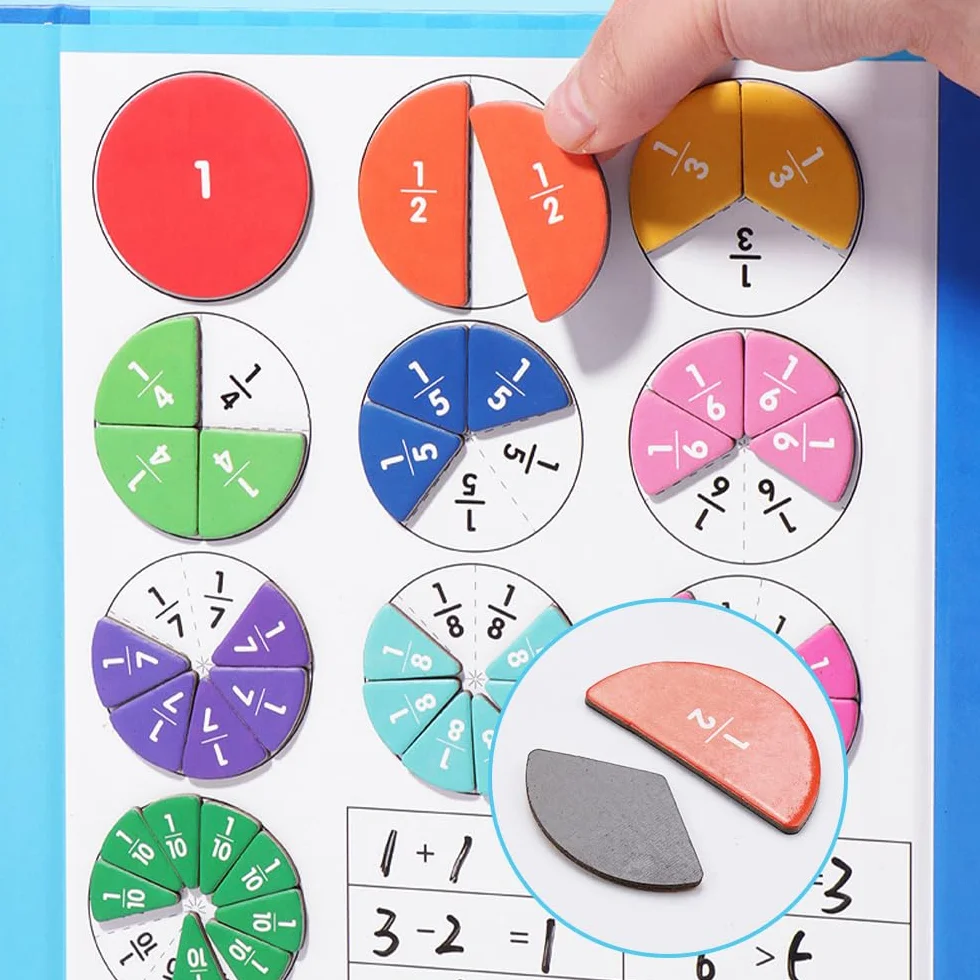 Materiał do nauki ułamków magnetyczny, nauka ułamków magnetyczna, magnetyczna gra matematyczna dla dzieci, zasoby matematyczne, magnetyczne kółka ułamkowe, zabawka matematyczna do nauki ułamków