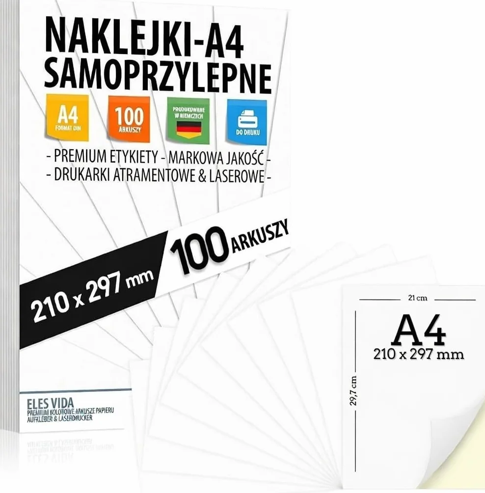 100 samoprzylepnych etykiet DIN A4, 210 x 297 mm, uniwersalne nadruki, matowa biała powierzchnia, kompatybilne z drukarkami atramentowymi i laserowymi, naklejki do wielu zastosowań – z Niemiec