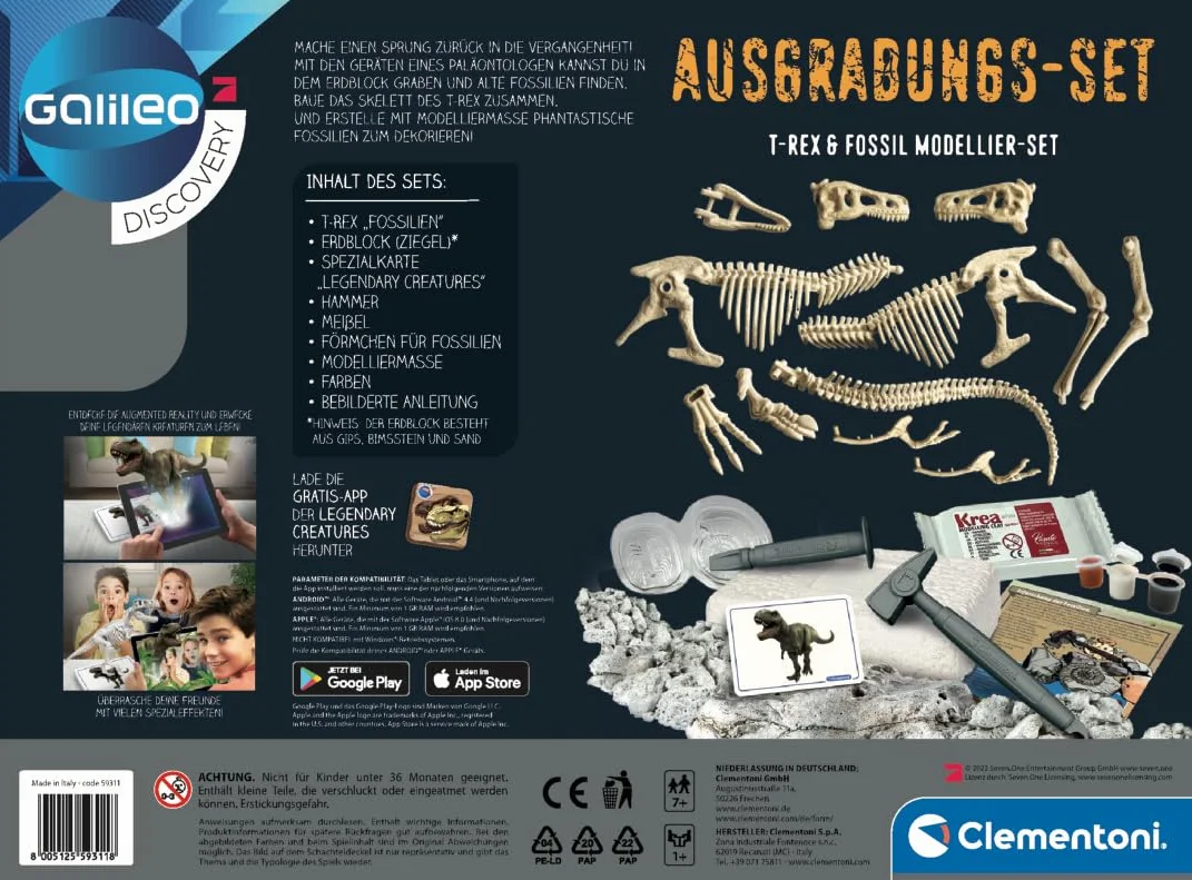 Clementoni Clementoni 59311 zestaw do modelowania Galileo Discovery - zestaw do modelowania T-Rex i Fossil - zestaw naukowców ze szkieletem dinozaura w zestawie młotek, dłuto i masa modelarska dla