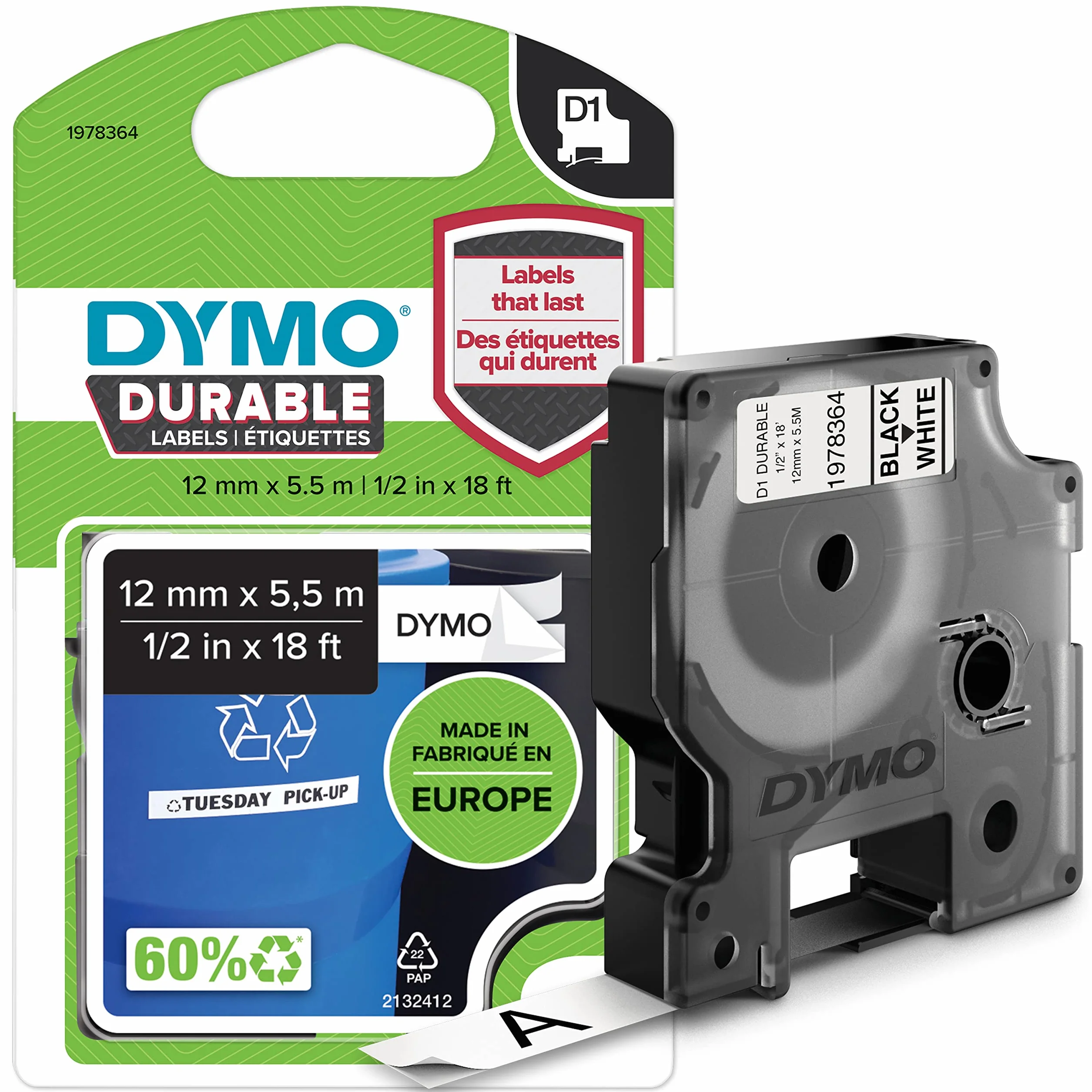 Etykiety DYMO D1 Durable 12 mm x 5,5 m czarny nadruk na białej taśmie do LabelManager