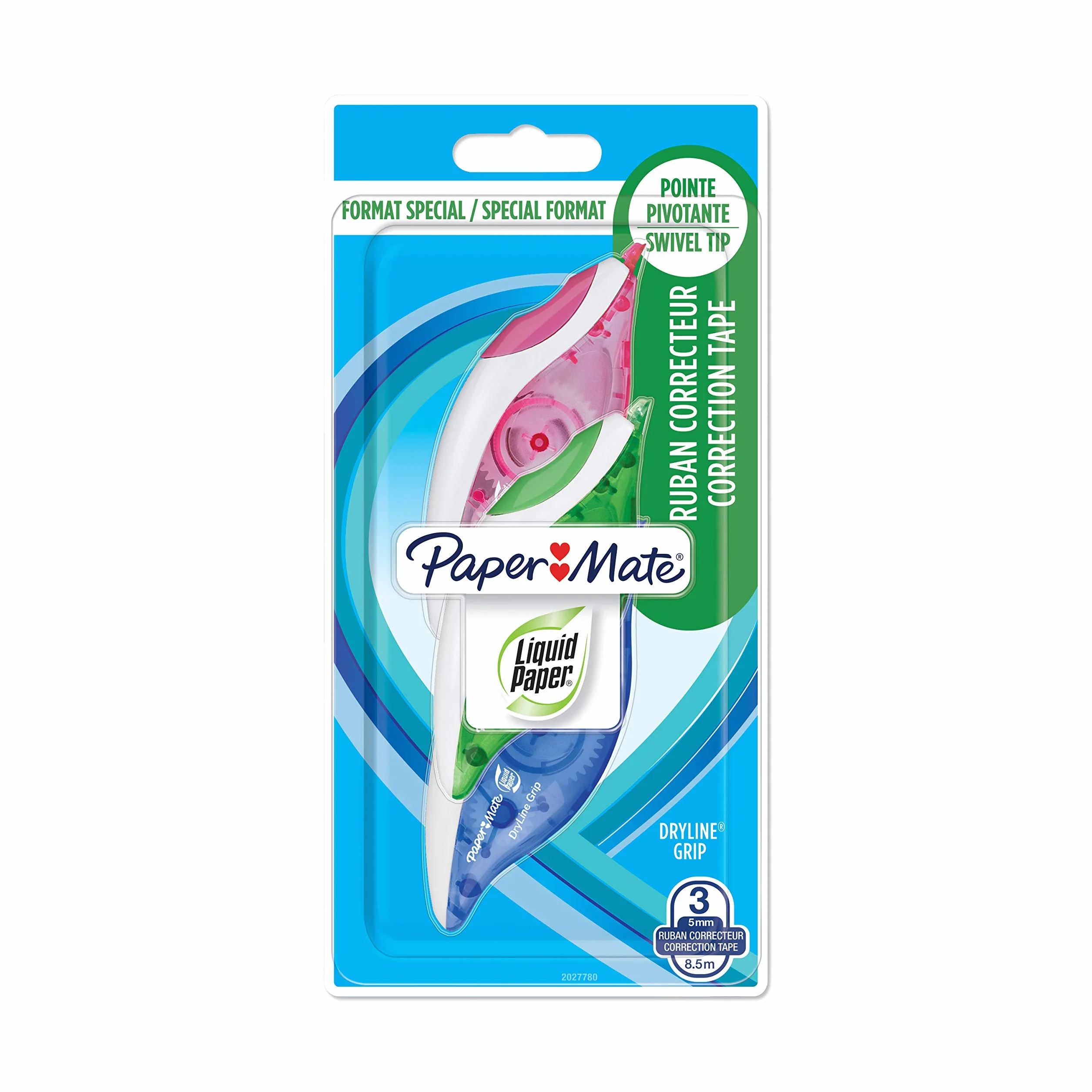 Paper Mate Korektor Liquid Paper DryLine Grip 2 szt. Różowy Niebieski