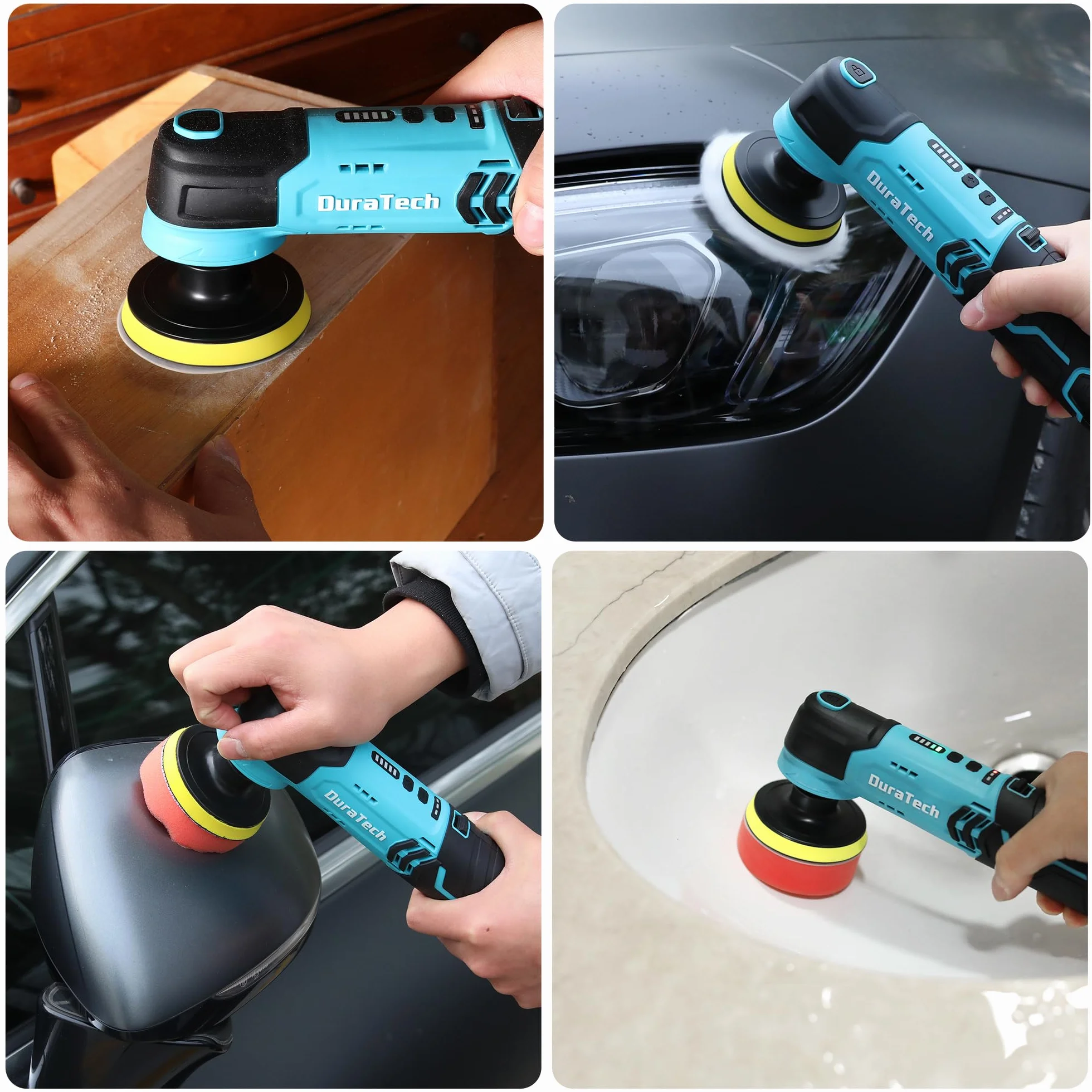 DURATECH Akumulatorowa Polerka 12V, Mini Polerka Samochodowa 3000 RPM z Akumulatorem 2,0 Ah, Polerka Akumulatorowa 50 mm + 80 mm Tarcza Polerska z Akcesoriami i Torbą do Przechowywania do Samochodu