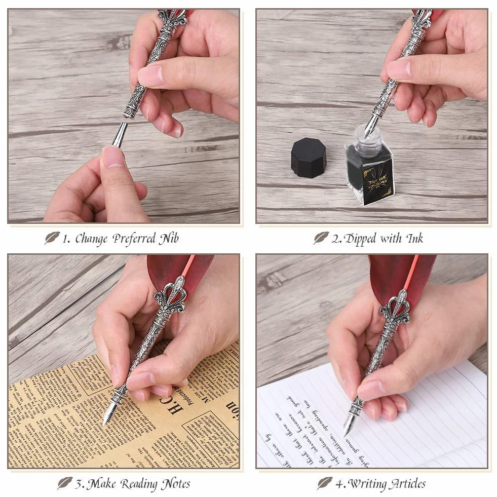 Quill Pen antike Kalligraphie Feder handgemachte Feder und Tinte Set, calligraphy set für englische Schrift, Vintage Executive Briefpapier Geschenk mit Flasche Nib Bases (rot)