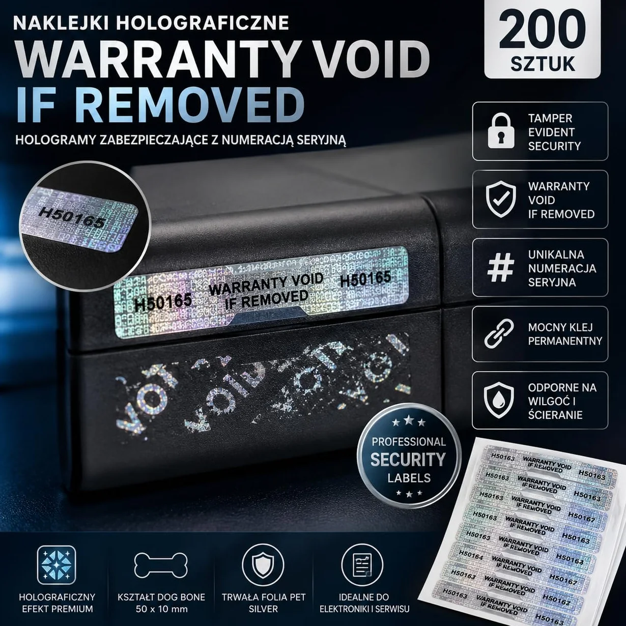Naklejki Holograficzne VOID 50x10 mm z Numeracją Plomby Gwarancyjne – Warranty Void If Removed Tamper Proof Security Labels Silver PET Dog Bone 200 szt