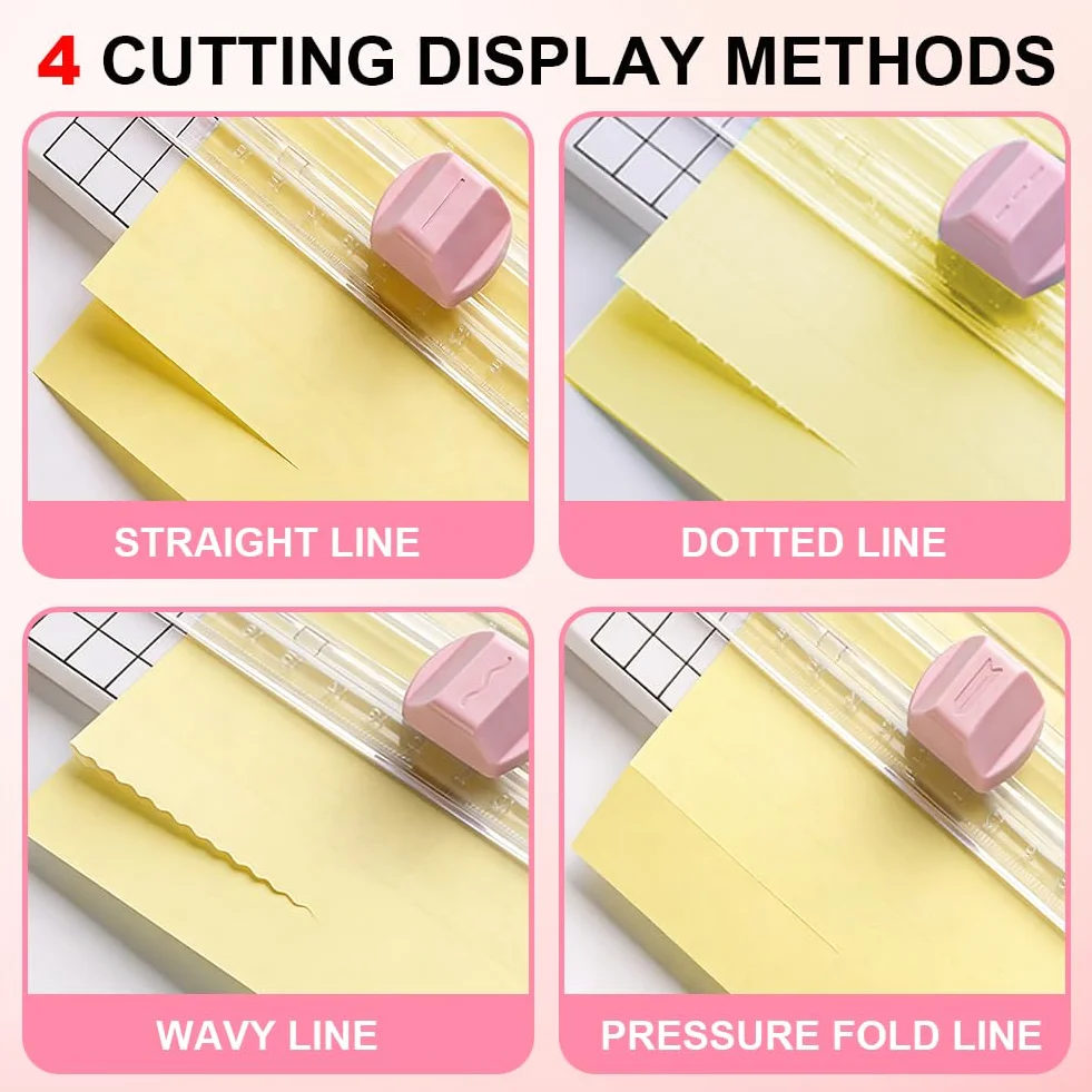 Nóż do papieru 4 w 1, wielofunkcyjny, do cięcia papieru z prowadnicą linii cięcia i linijką boczną, do scrapbookingu, papieru do majsterkowania, projektów DIY, prac ręcznych, różowy