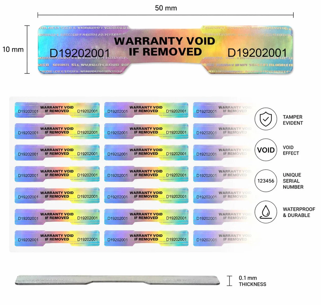 Naklejki Holograficzne VOID 50x10 mm z Numeracją Plomby Gwarancyjne – Warranty Void If Removed Tamper Proof Security Labels Silver PET Dog Bone 200 szt
