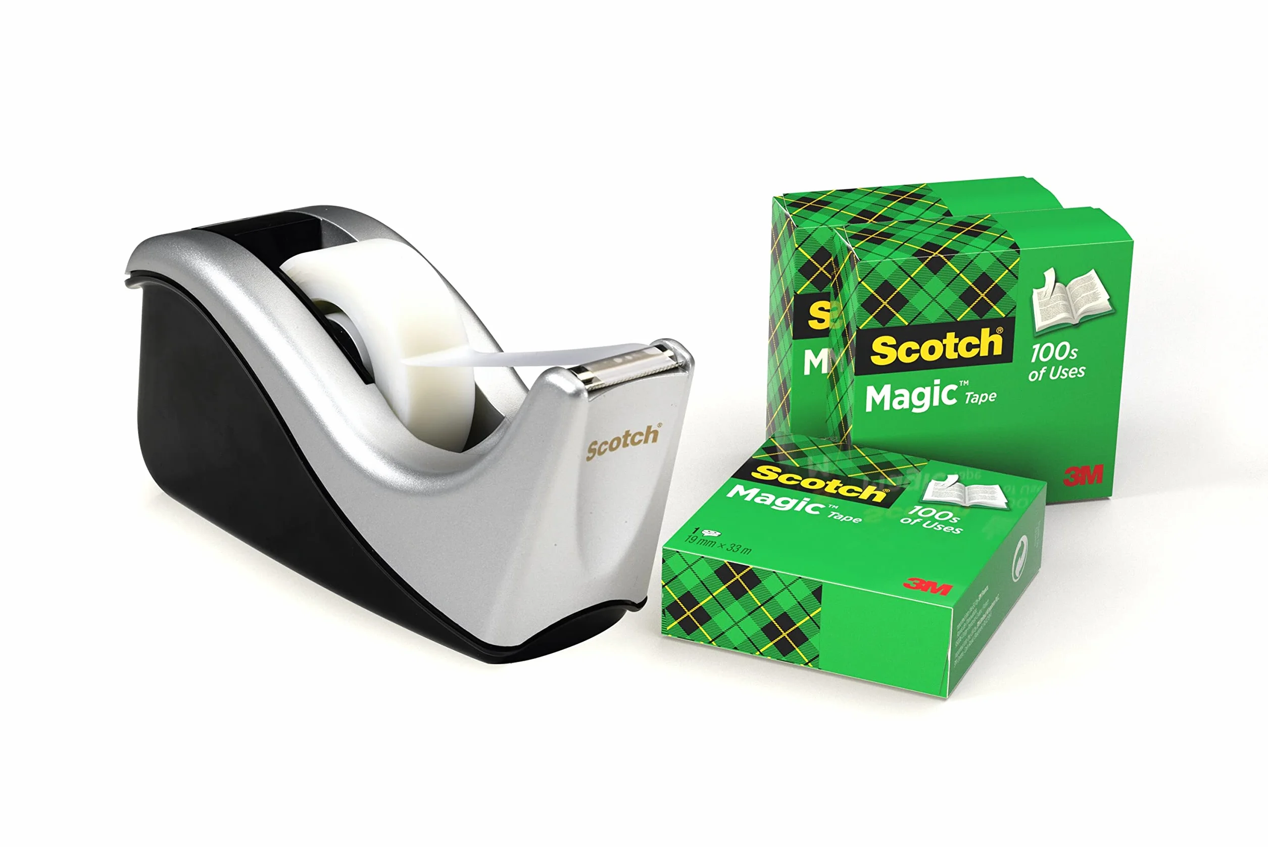 Scotch Dyspenser taśmy klejącej + 4 rolki taśmy klejącej Scotch Magic 19 mm x 33 m – dozownik taśmy klejącej do szkoły, domu i biura – srebrny/czarny