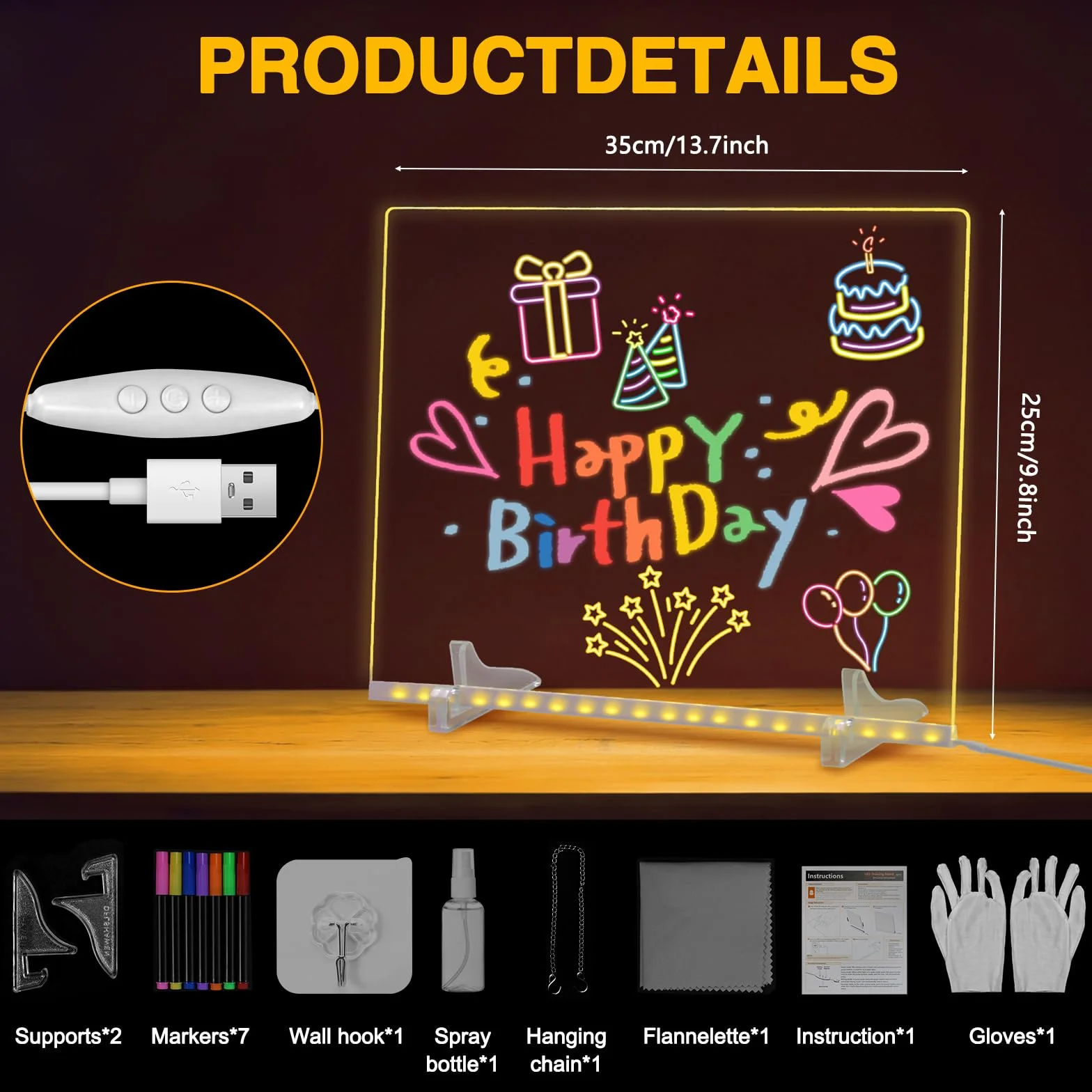 Tablica akrylowa ze światłami LED 35 x 25 cm, tablica informacyjna LED, z 7 kolorami długopisu i uchwytu, magiczna tablica dla dzieci, przezroczysta tablica do pisania, dla dzieci, szkoły, baru (35 x