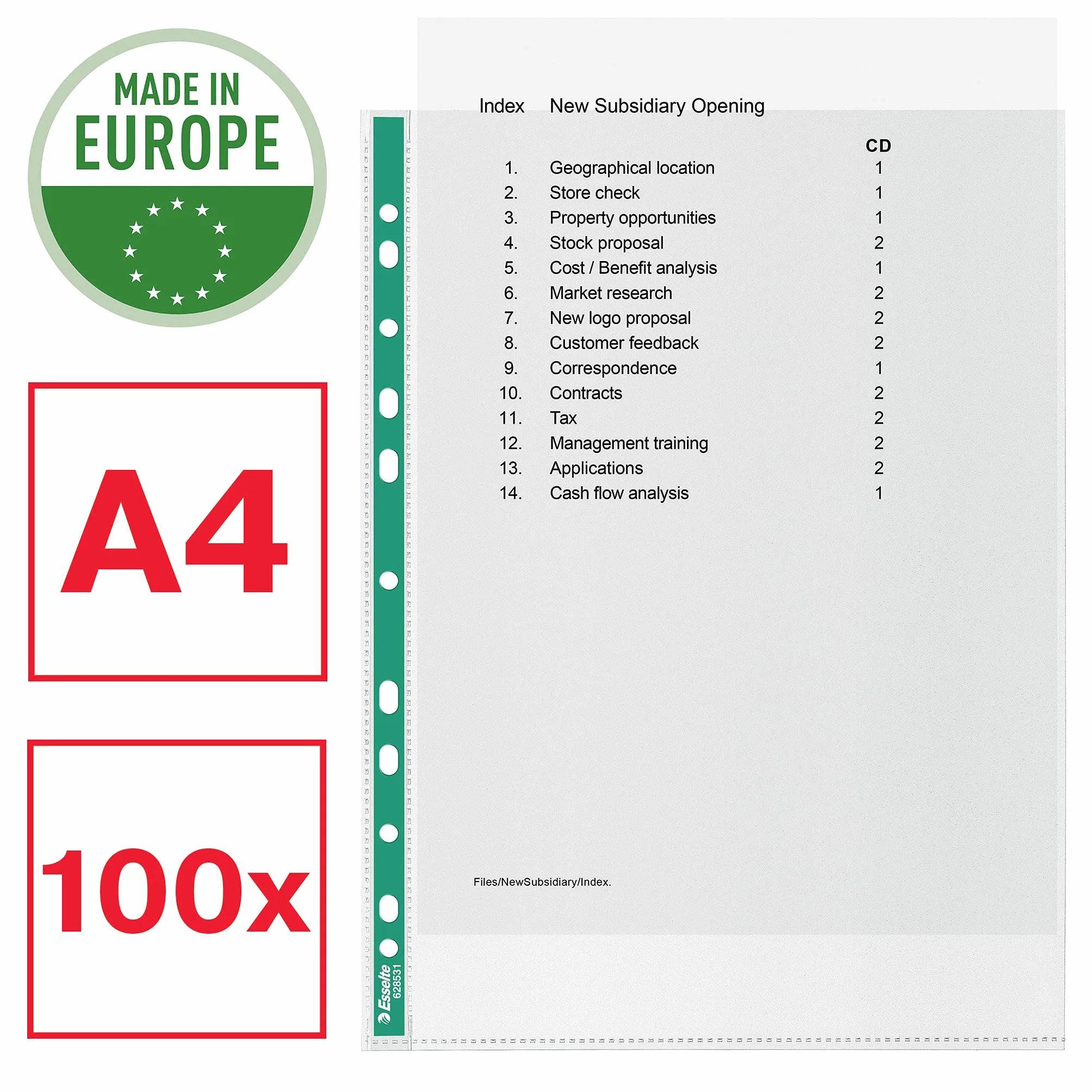 Esselte Premium dziurkowane kieszenie A4, 100 kieszeni foliowych, przezroczyste kieszenie A4 dziurkowane, idealne do segregatorów i segregatorów pierścieniowych (100 sztuk), 628531